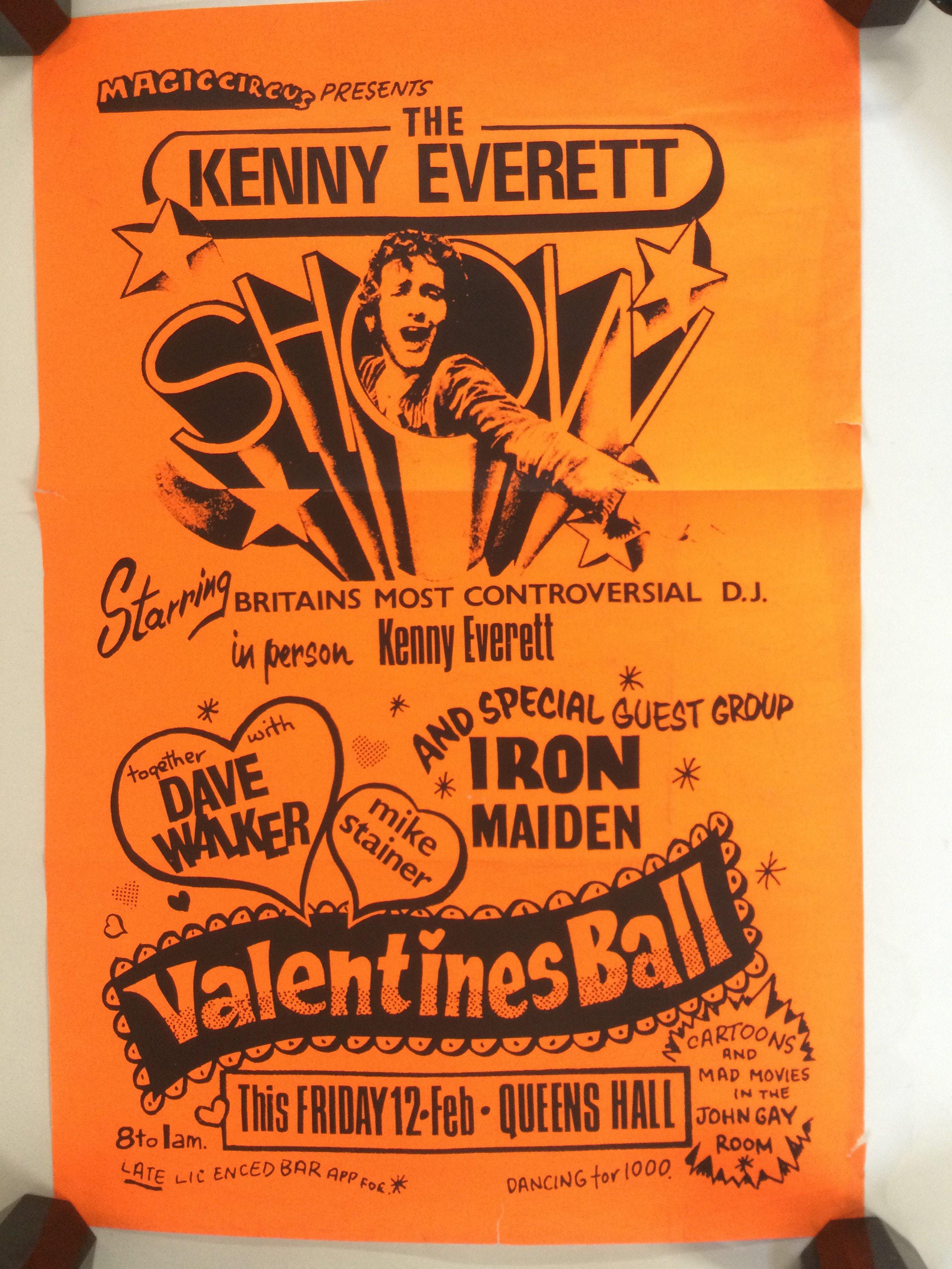An original and rare poster advertising a Kenny Everett Show at Queen's Hall in February of 1982 with Iron Maiden billed as a performing act. Approx 50cm x 76cm.