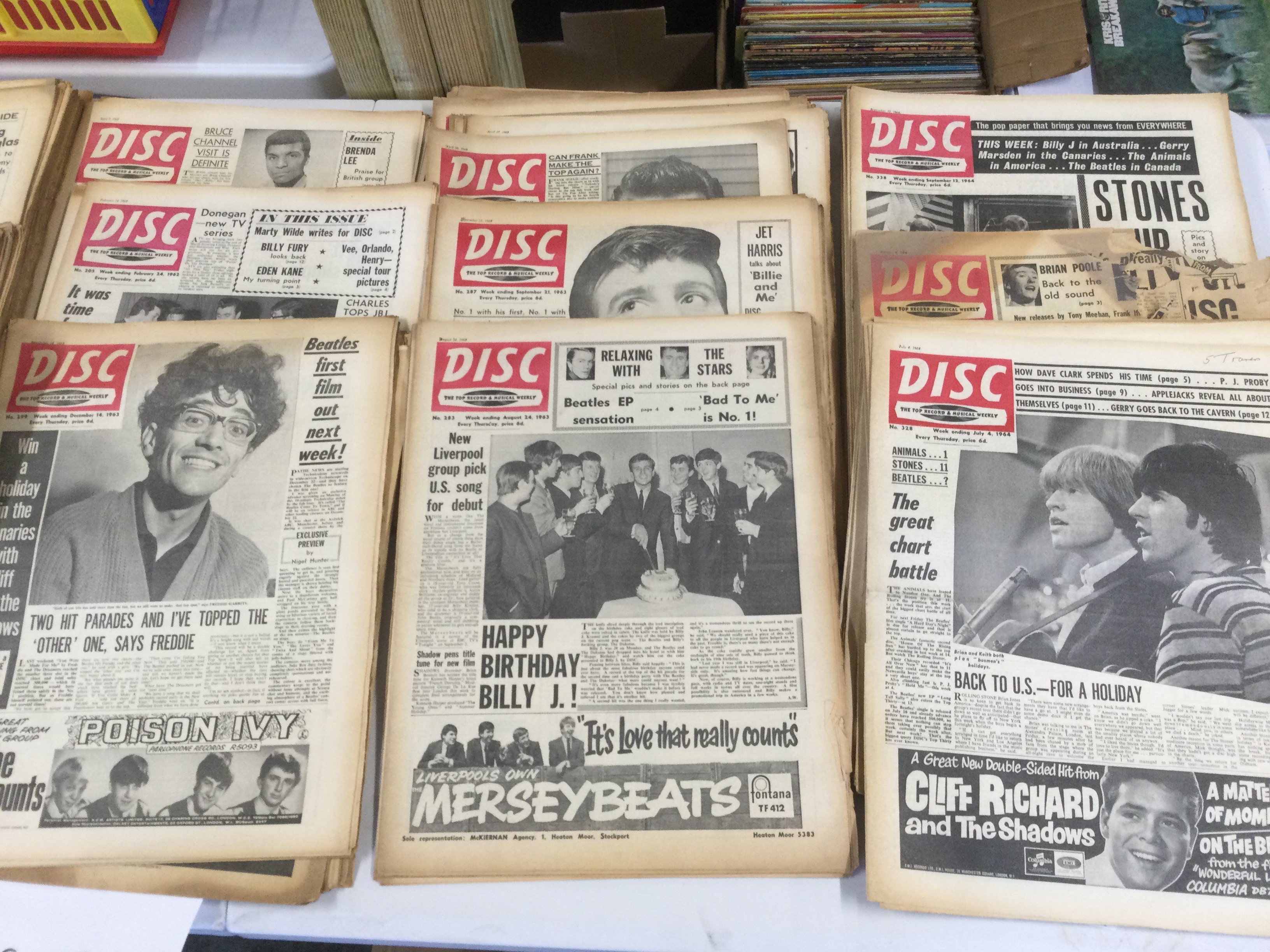 Five boxes of Disc music papers from the 1950s/60s and 70s. Some condition issues.
