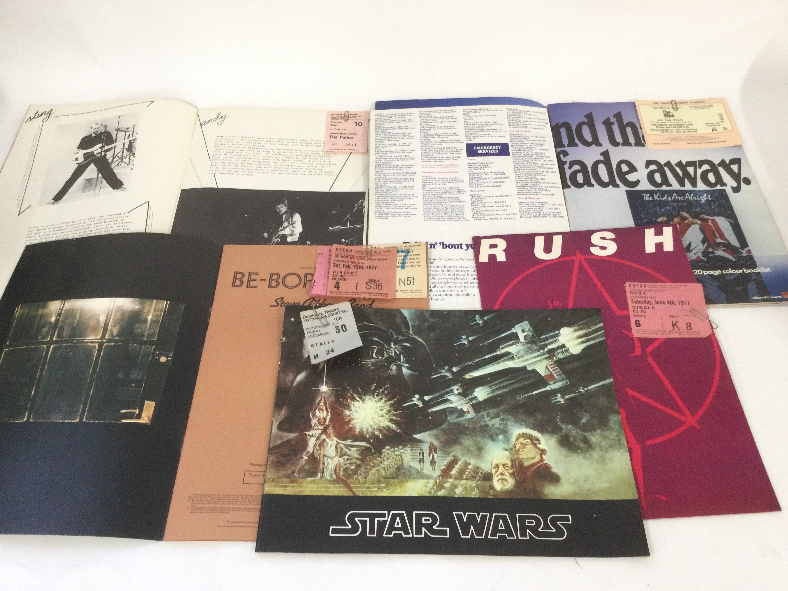 A Star Wars theatre program and ticket stub from December 30th, 1977 plus four music programs and tickets for The Who, The Police, Rush and Be Bop Deluxe.