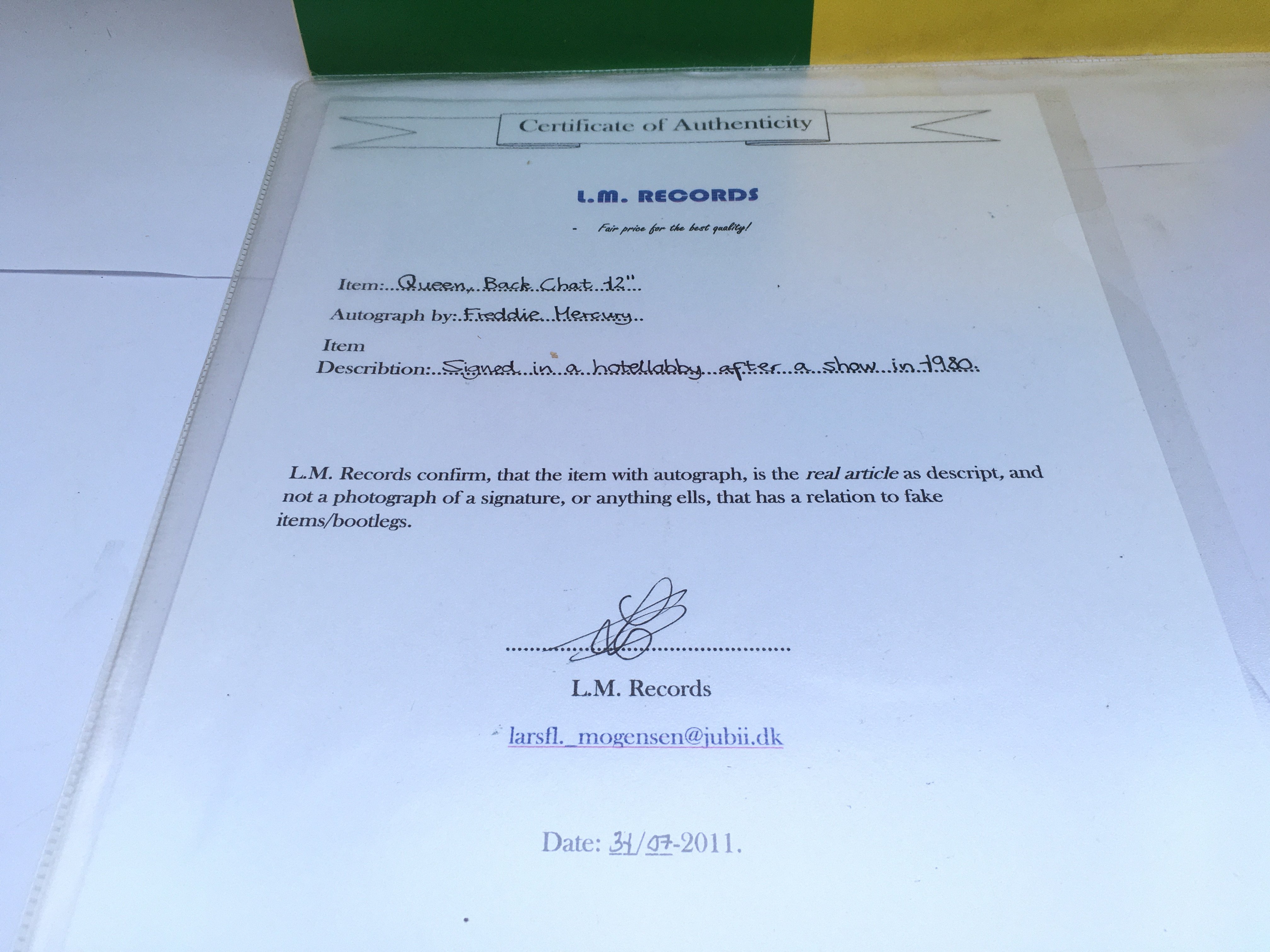 A Freddie Mercury signed 'Back Chat' 12" single with COA.