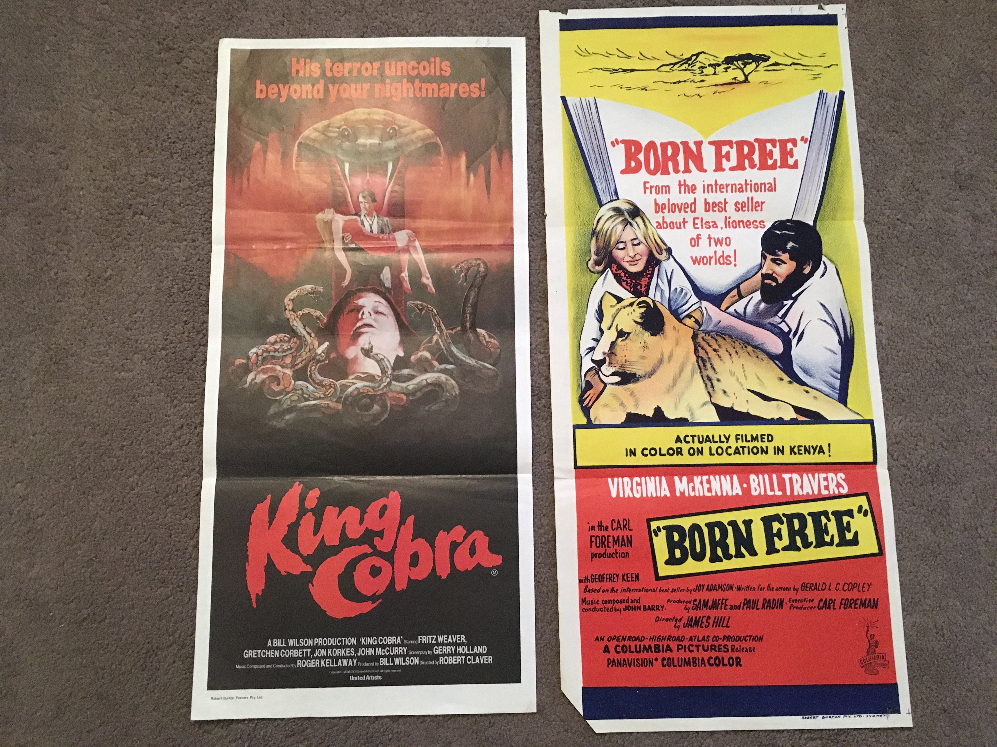 Four Australian day bills and one other film poster comprising 'Q The Winged Serpent', 'The Last Valley', 'Born Free' and others, all folded, some with small tears.