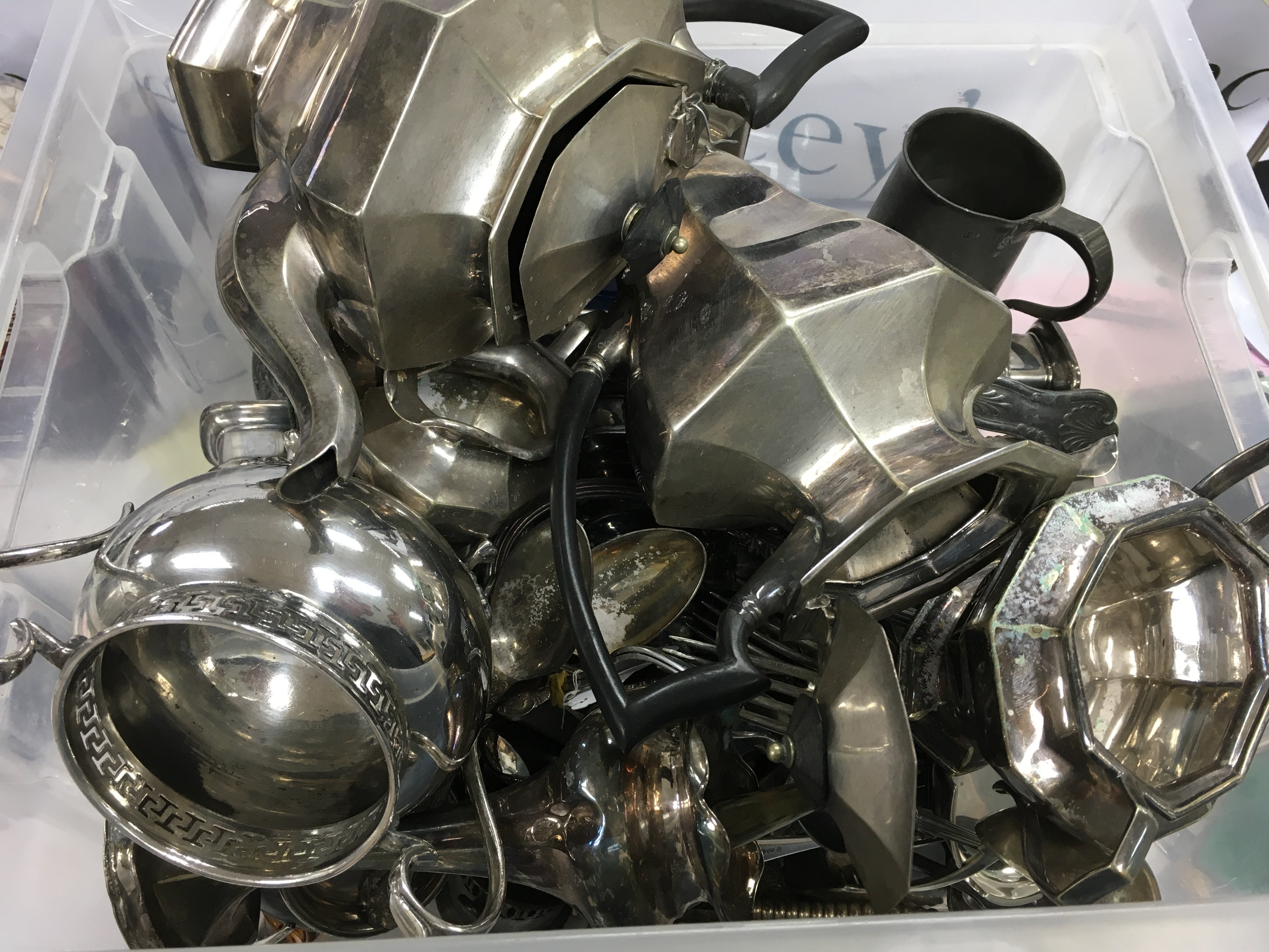 Two boxes of silver plated cutlery and kitchenware.