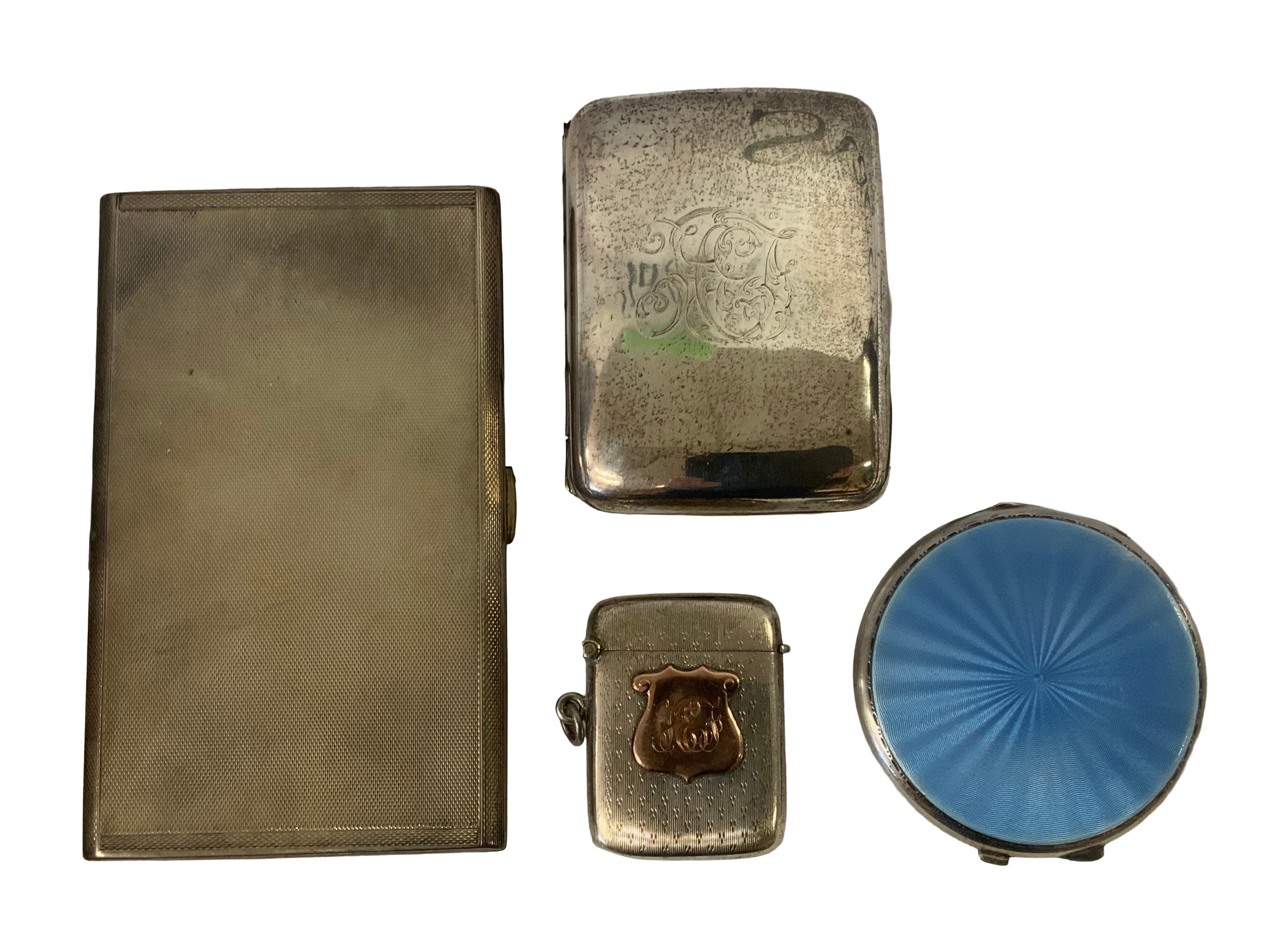 A heavy hallmarked silver cigarette case, H/M Silver Cigar case, H/M silver enamelled compact, H/M vesta. Total weight 465g