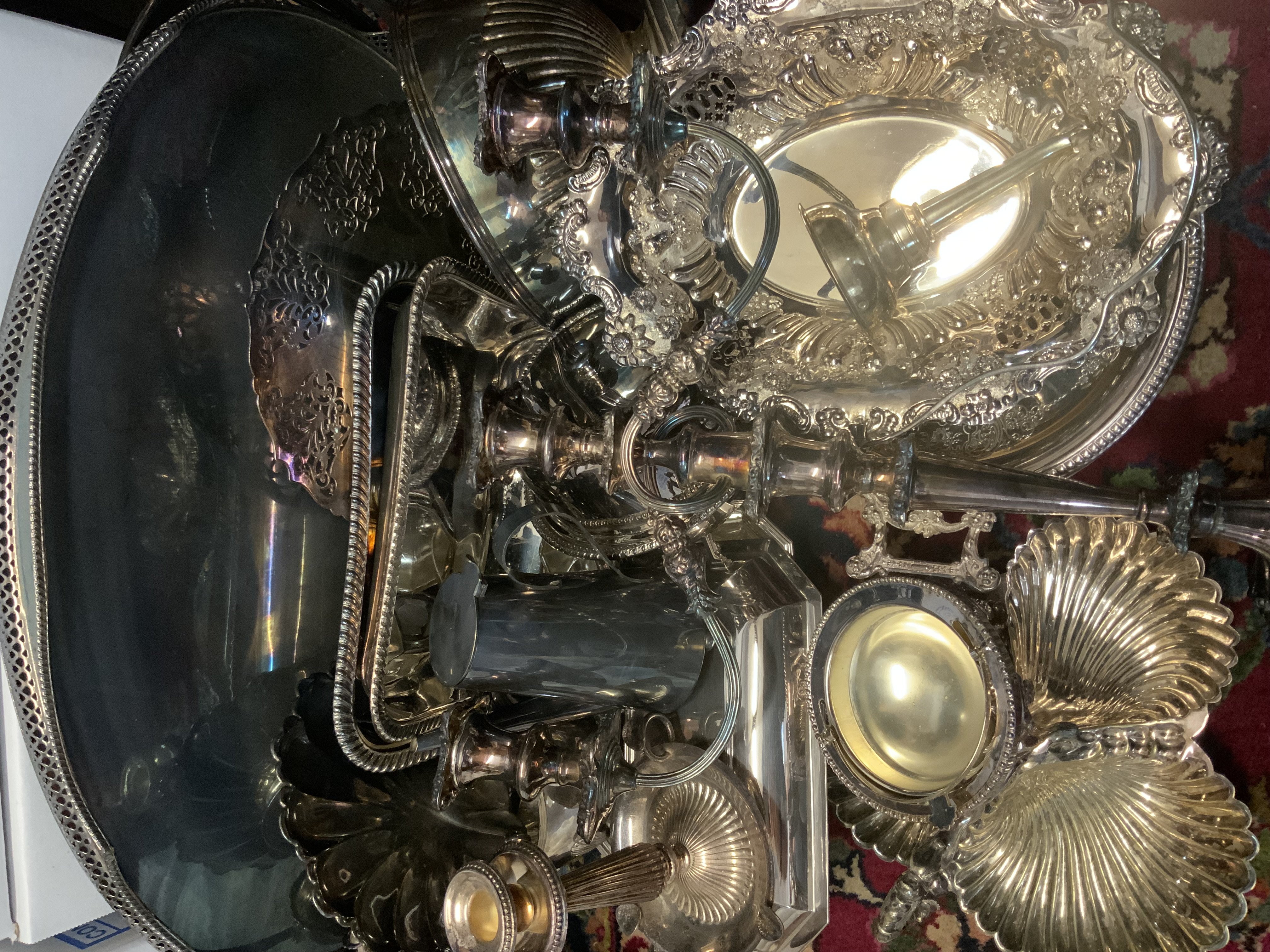 A large collection of silver plated items. (D)