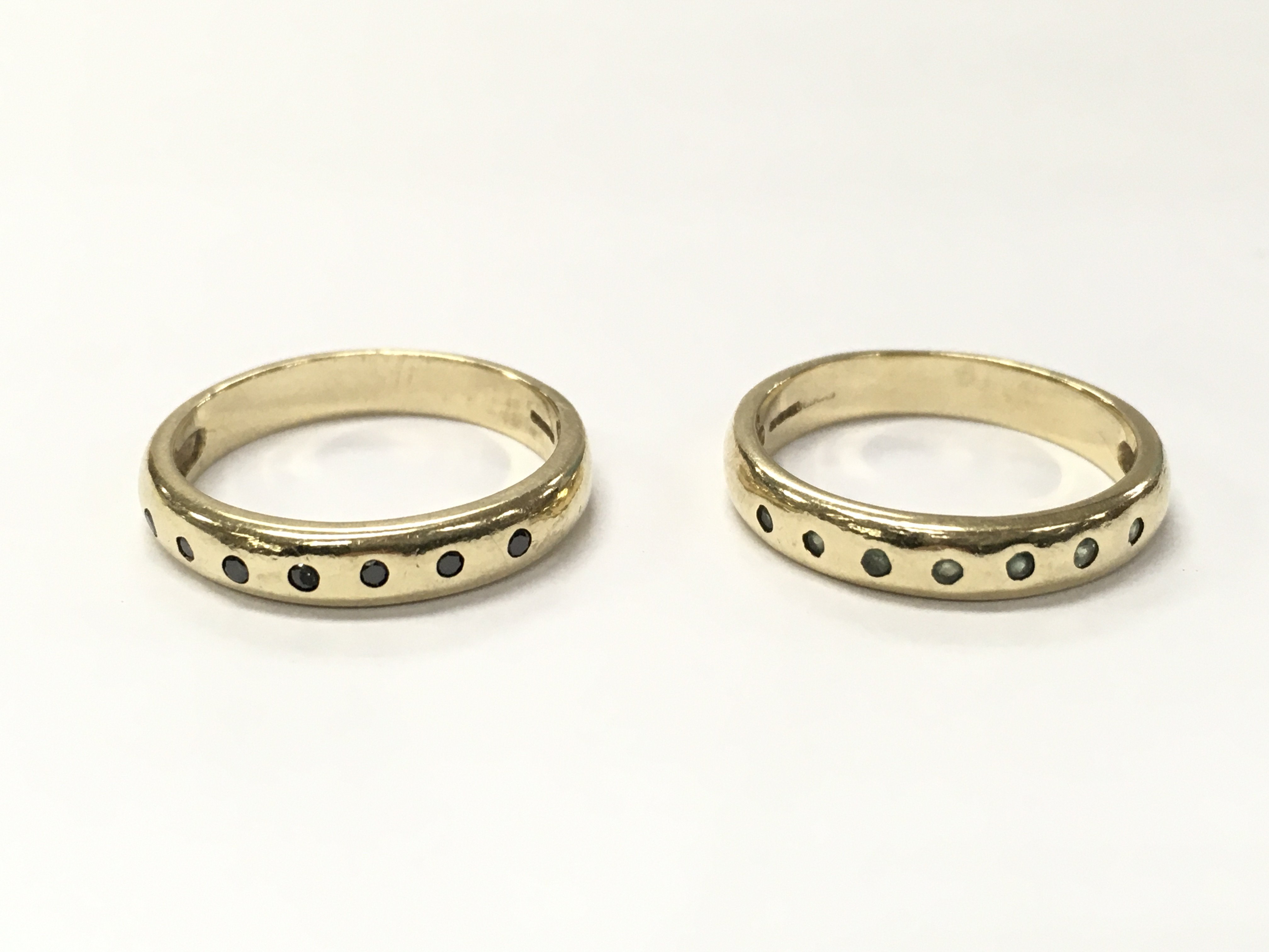 Two 9ct stone set bands, size O, total weight 6.2g .postage category A