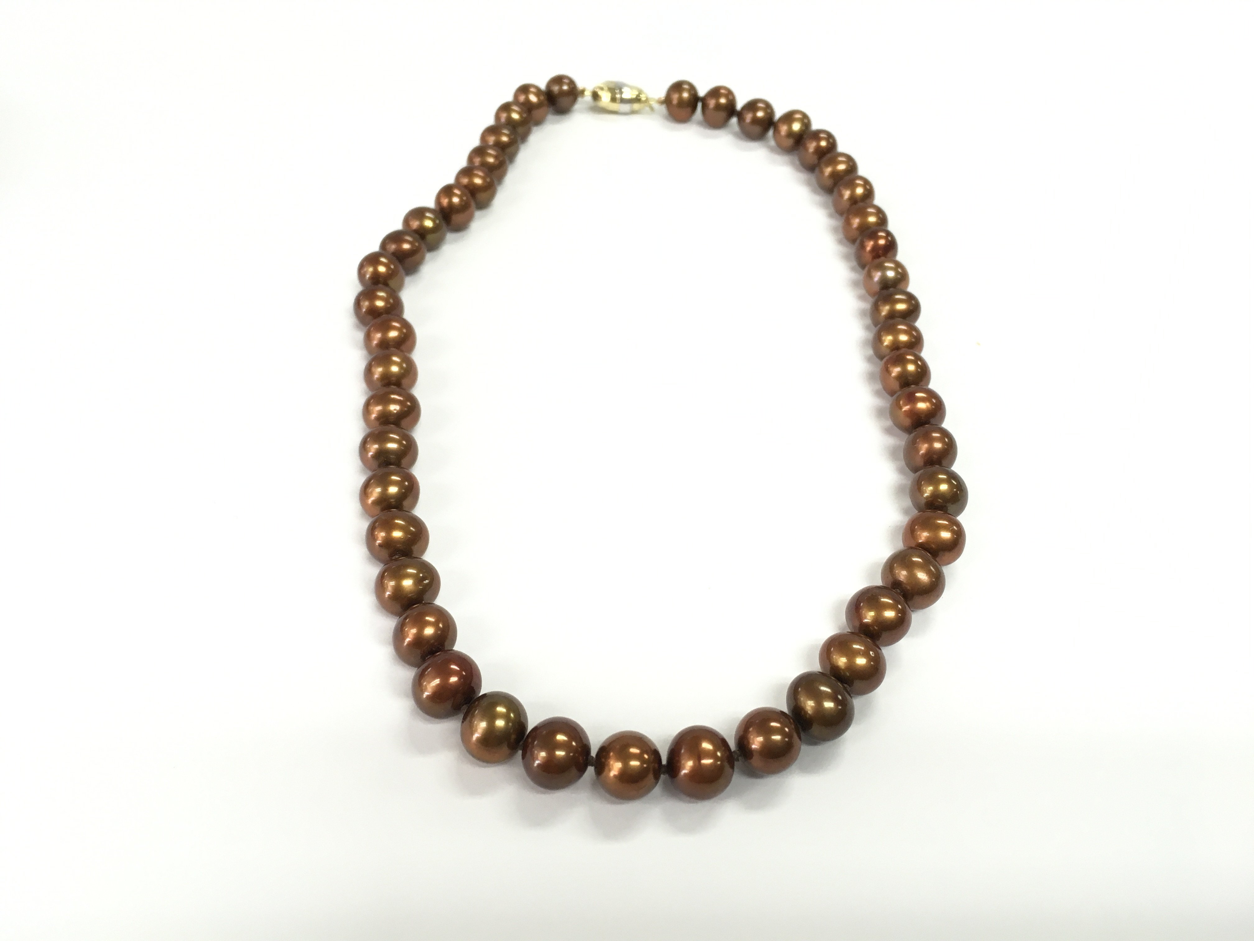 Necklace strung with cocoa cultured pearls fitted with a 9ct yellow and white gold clasp.