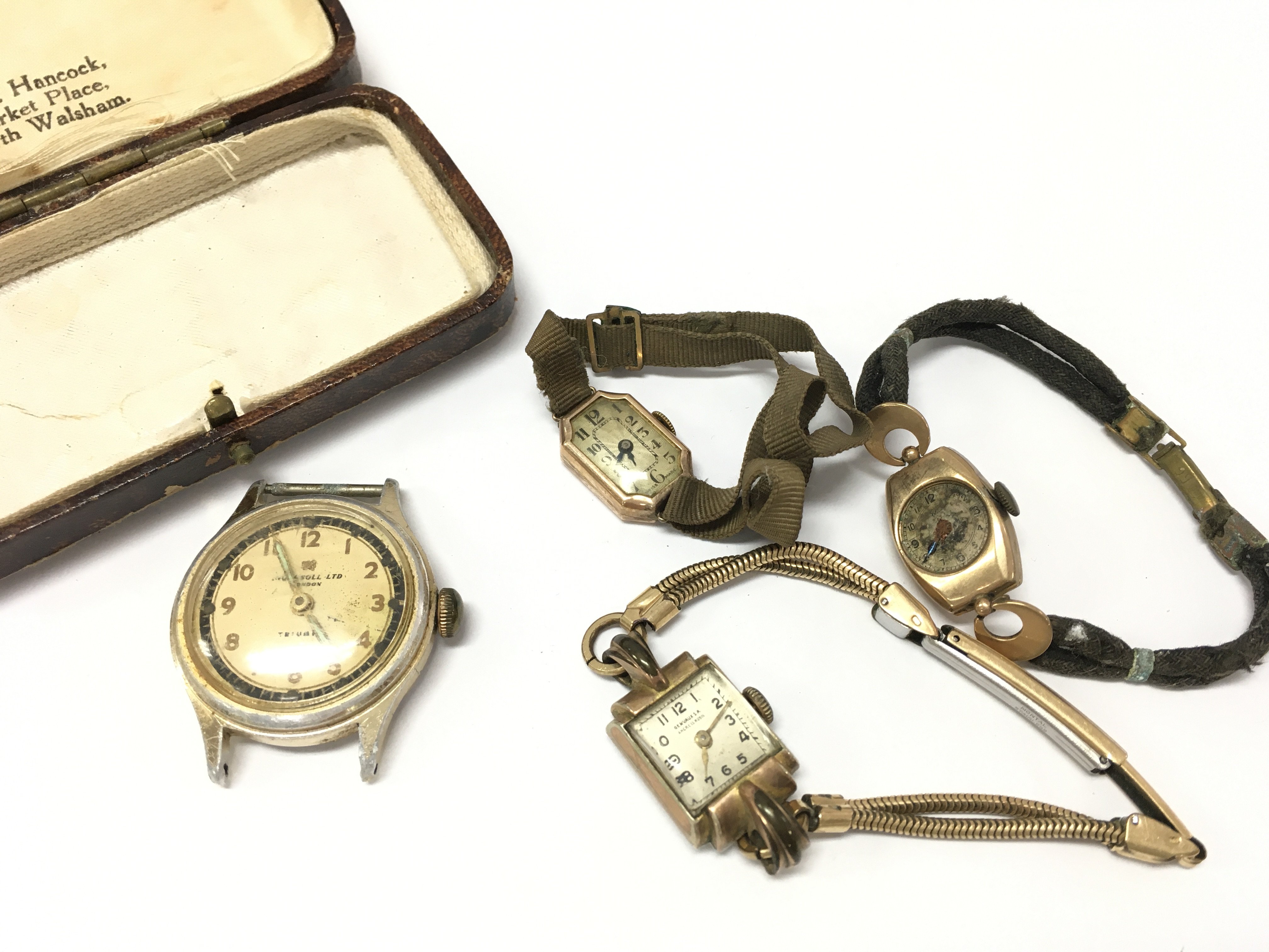 A Collection of vintage watches including An Ingersoll Triumph gents wrist watch , ladies watches - rolled gold Gervaux S.A, B.W.C London Swiss movement watch , 9 carat gold cased Elco London watch