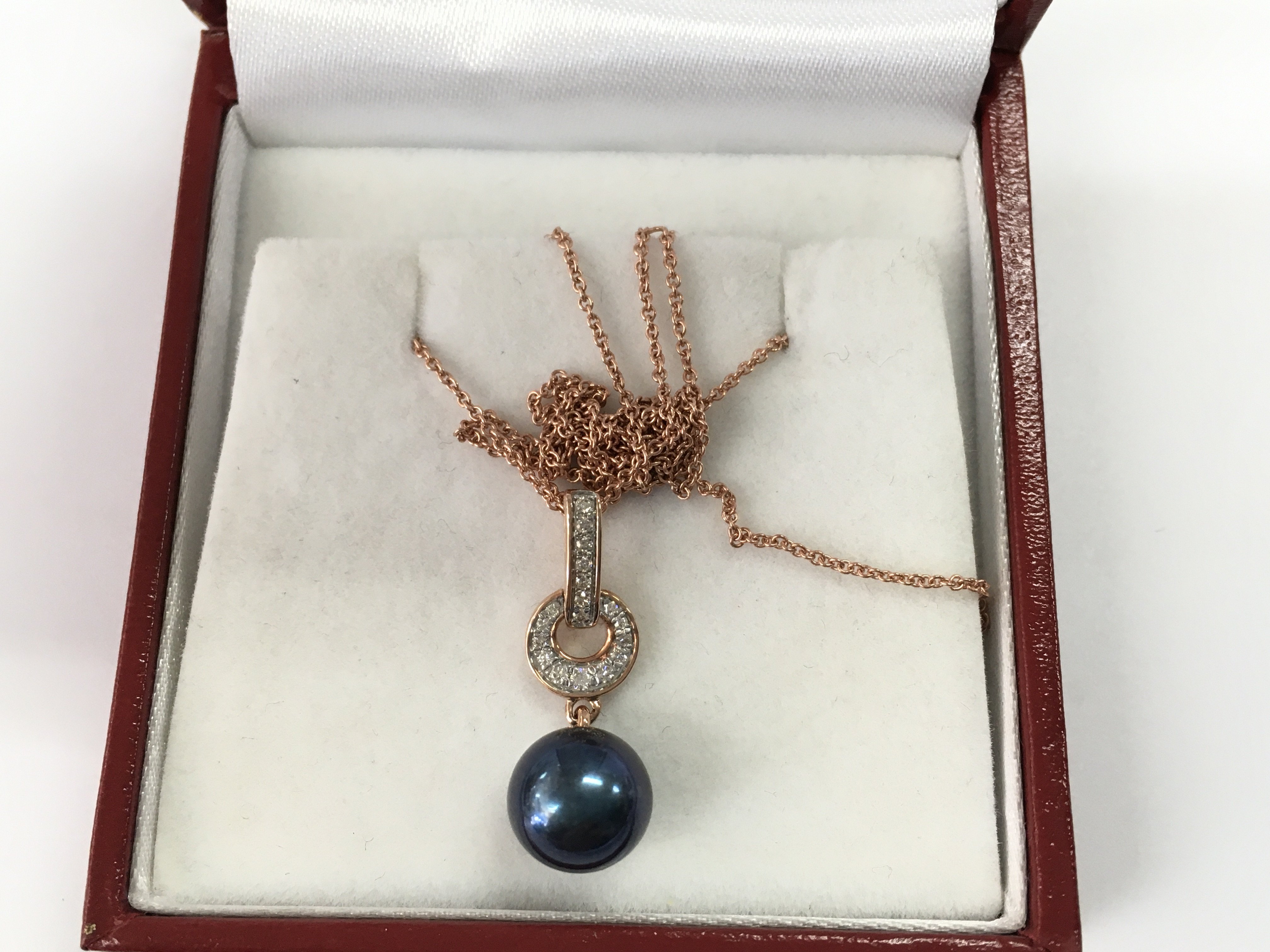 9ct rose gold dark pearl drop bale necklace with diamond set bale, diamond 0.13ct Approx.