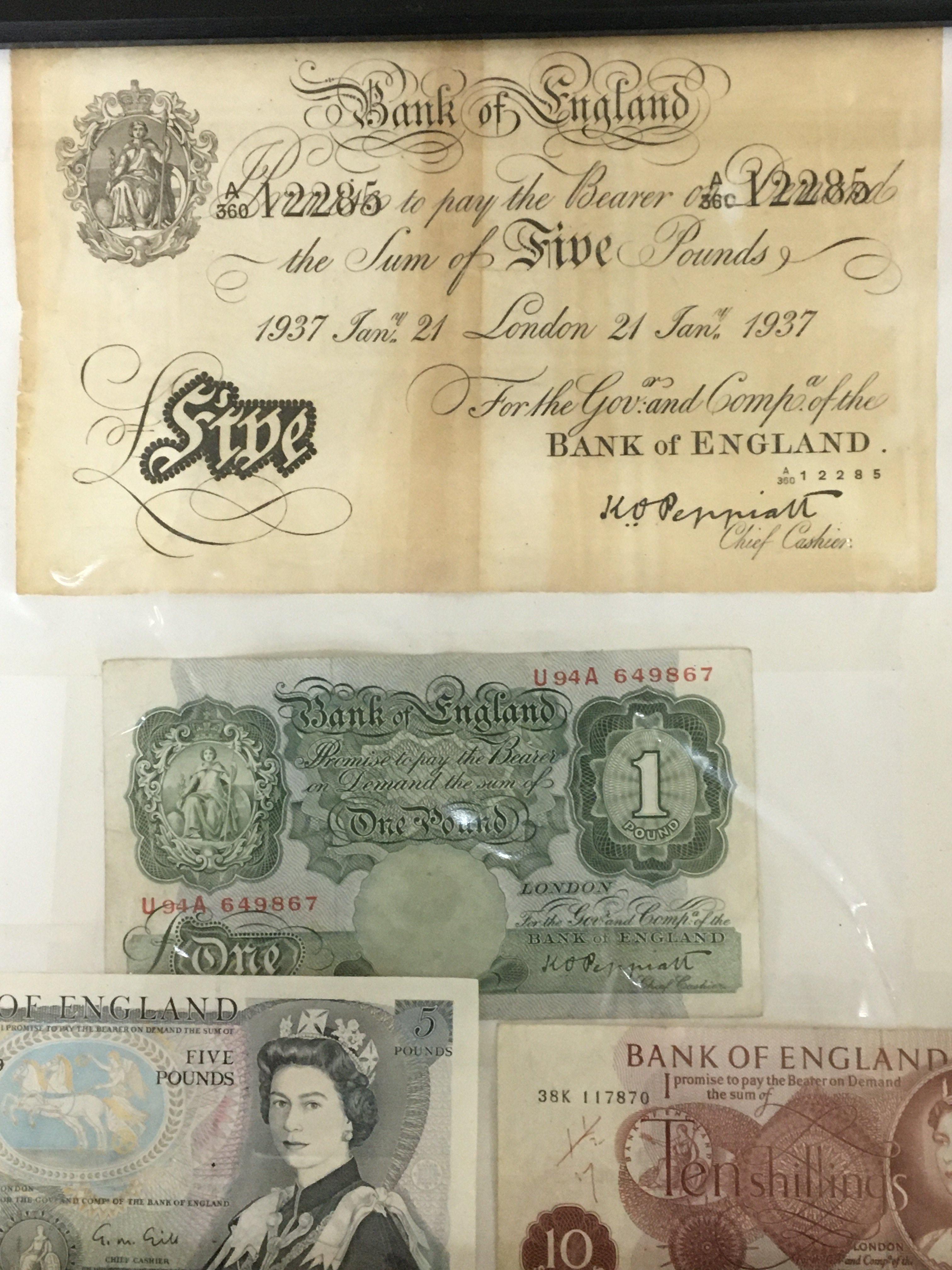 A collection of framed bank notes including a 1937 white five pound note 21 Jan 1937.