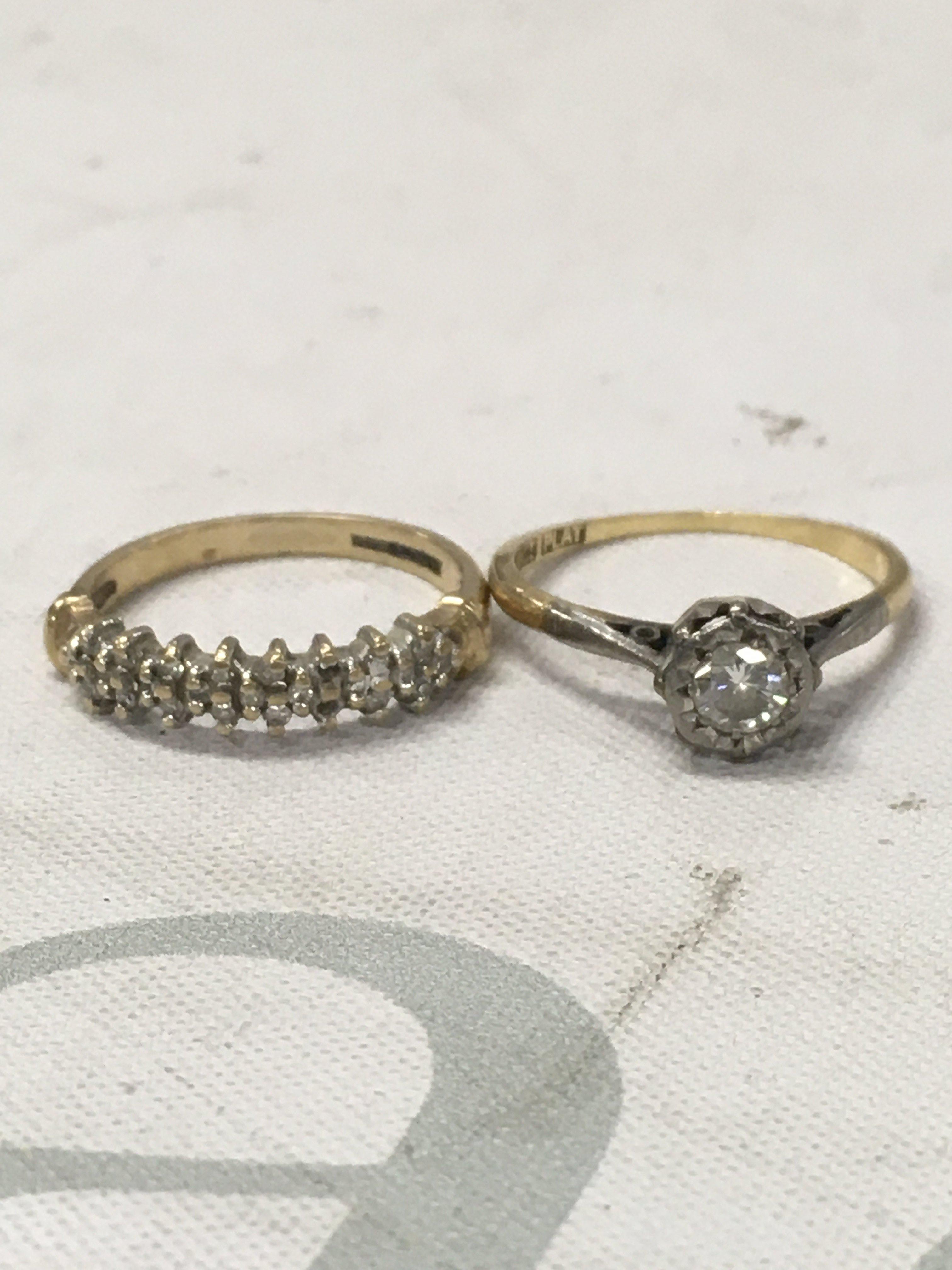 A 18 ct gold ring inset with diamond total weight 2 grams and a 9 ct gold ring inset with a row of diamonds chips total weight 1.8 grams
