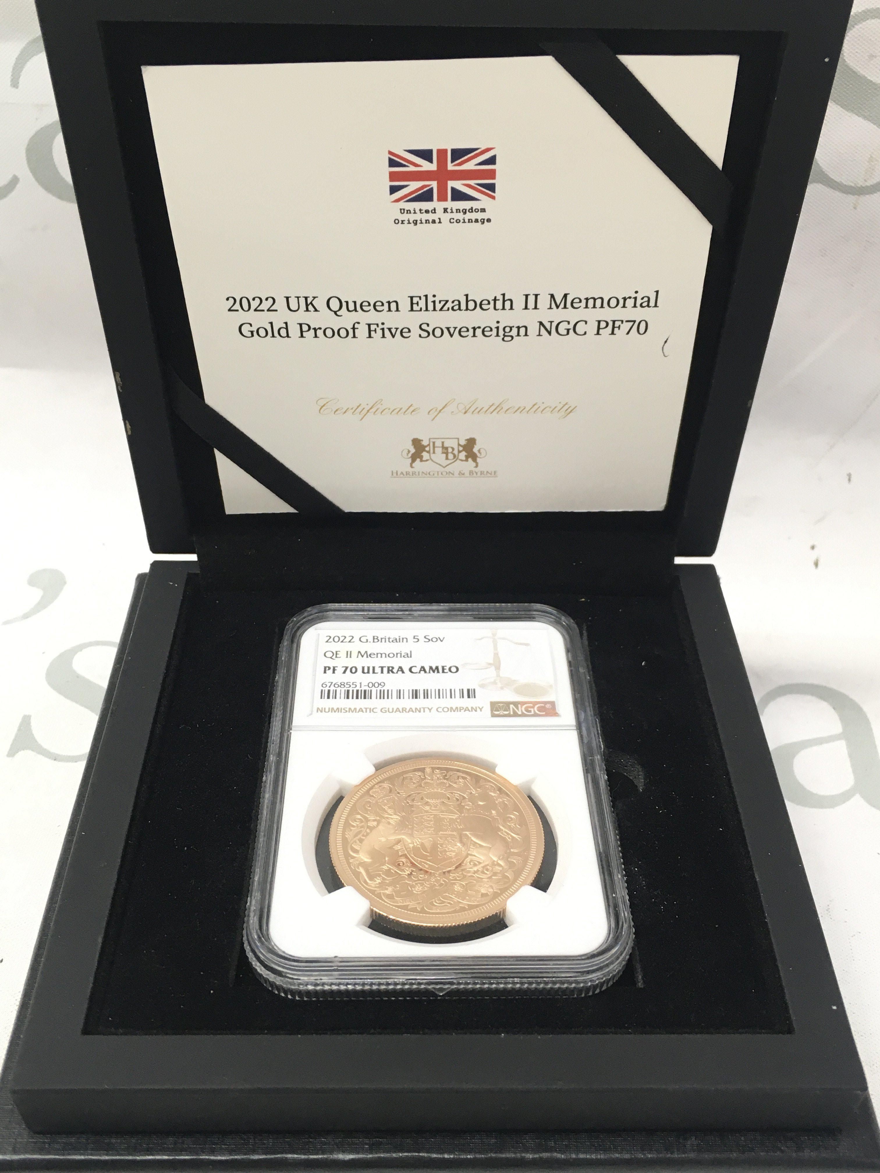 A boxed 2022 UK Queen Elizabeth II Memorial Gold Proof Five Sovereign NGC PF70