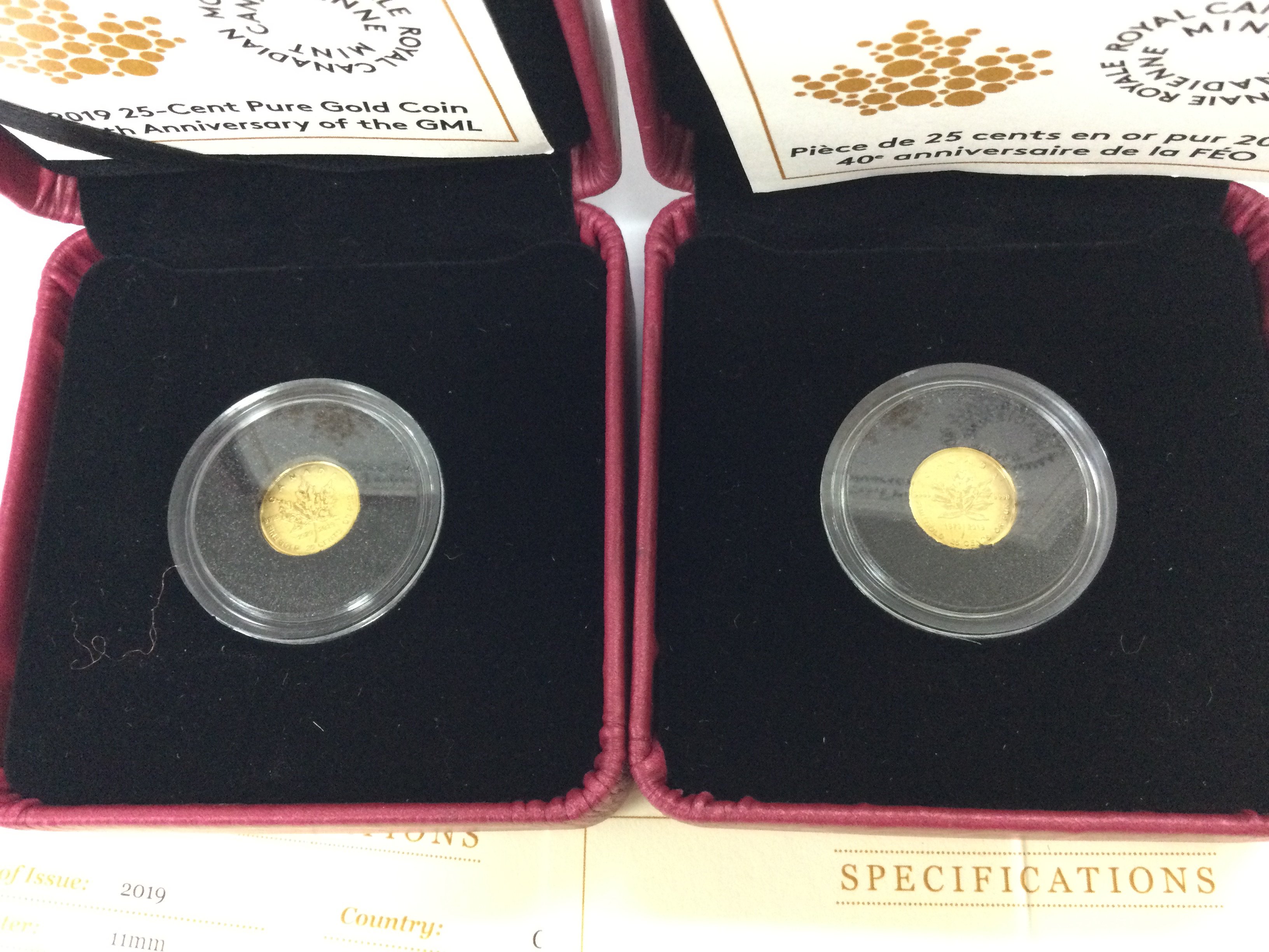 Two royal Canadian mint 0.5g gold coins. Postage B