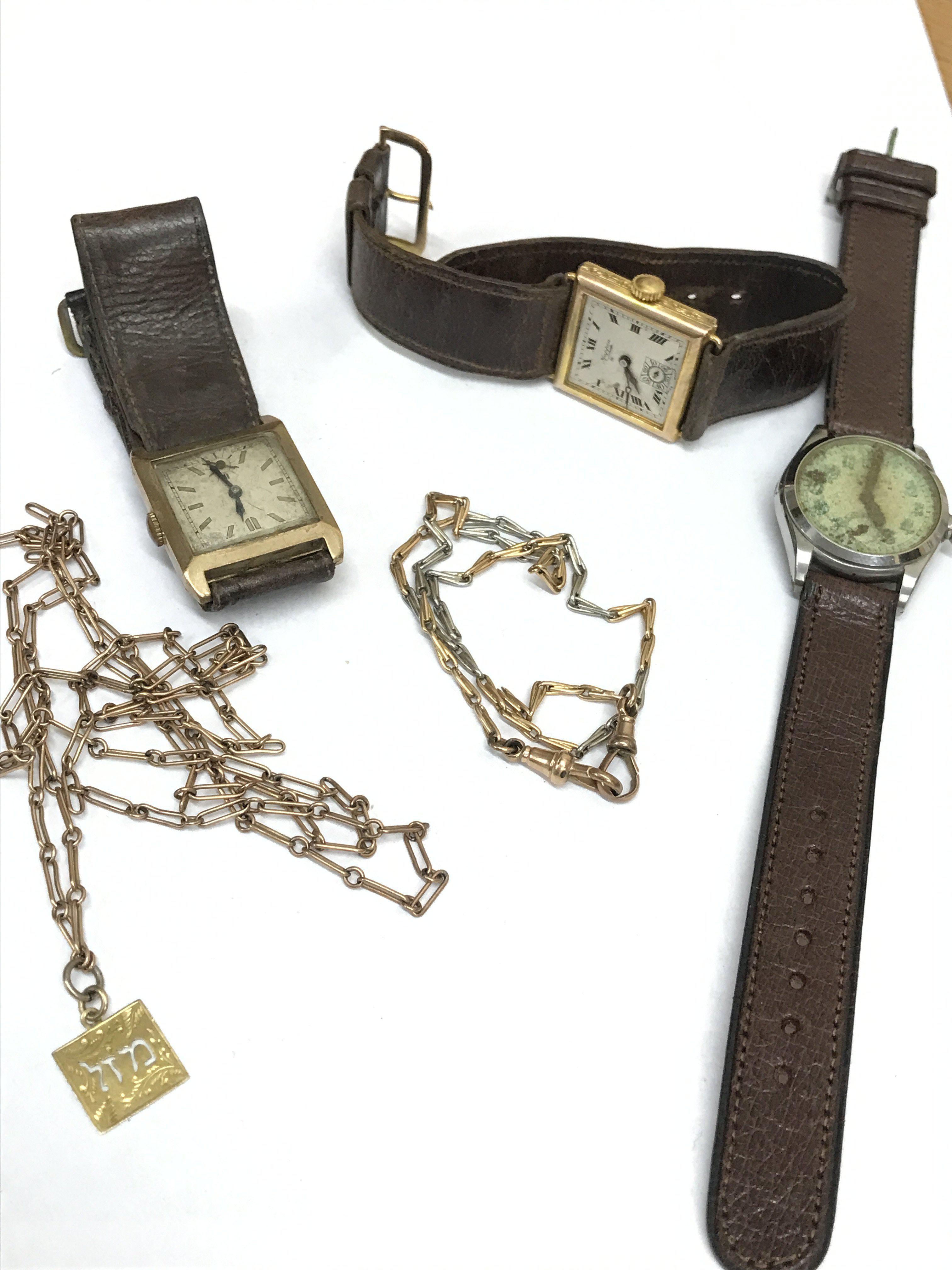 Three watches (one with a 9ct gold case) and chains including one with a 9ct gold pendant and other 18ct gold marked at the link. Postage category A