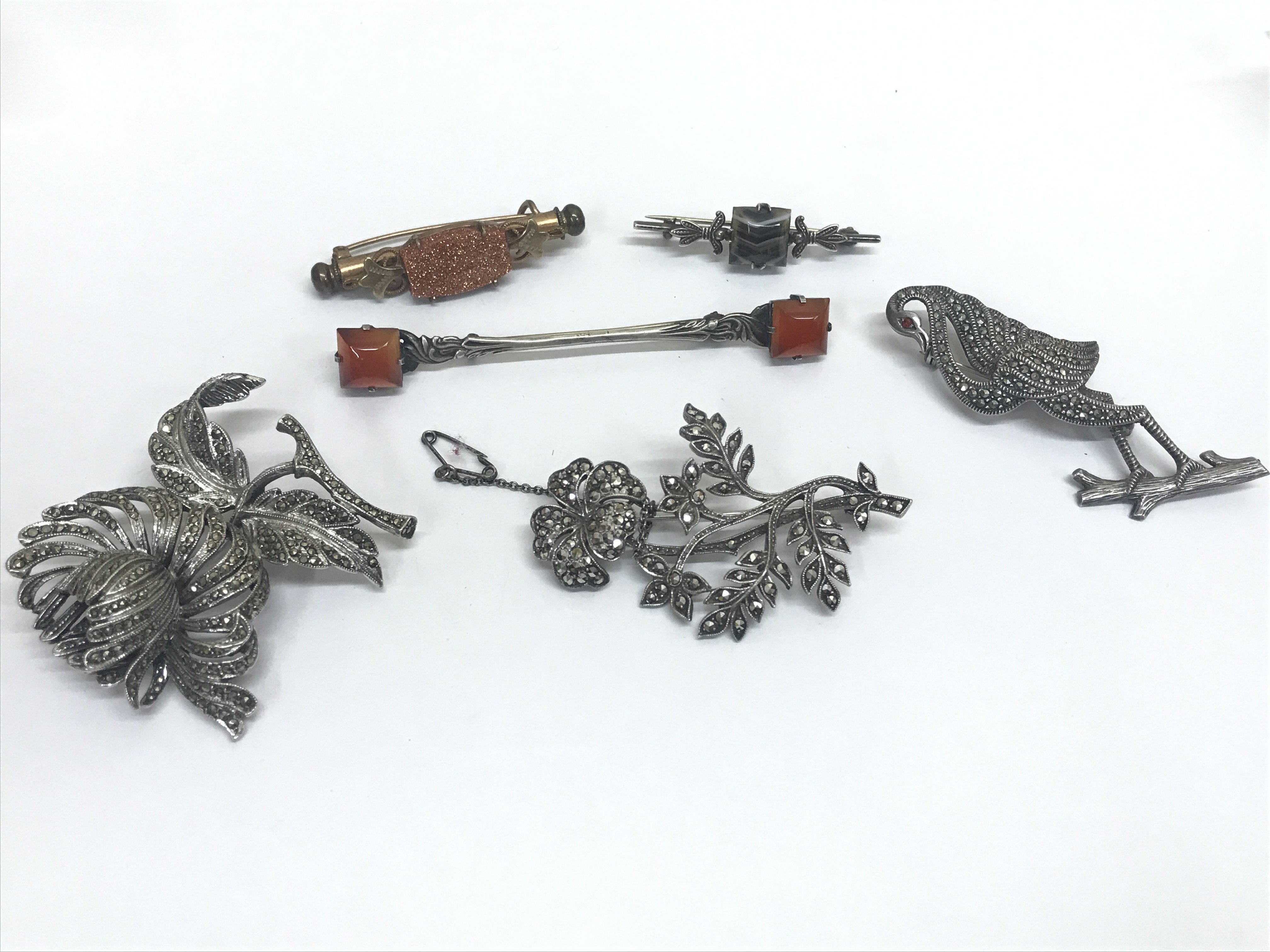 Vintage 3 silver and marcasite brooches, gold stone brooch, silver agate cloak bar brooch, silver agate brooch. Postage category A