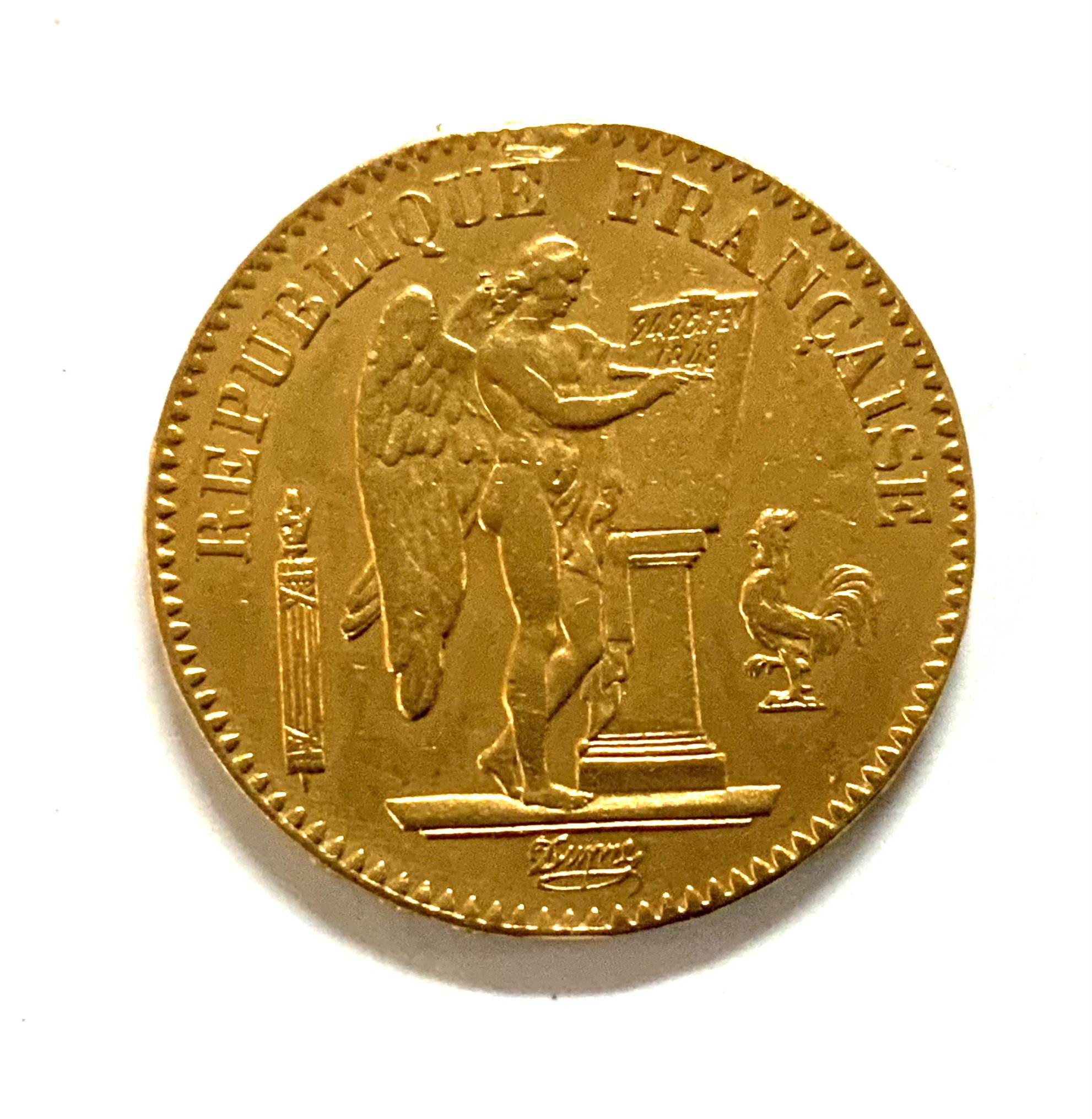 1849 French 20 Francs Gold Coin, Guardian Angel, 0.900, 6.4g. (Damage to coin edge through previous mount).