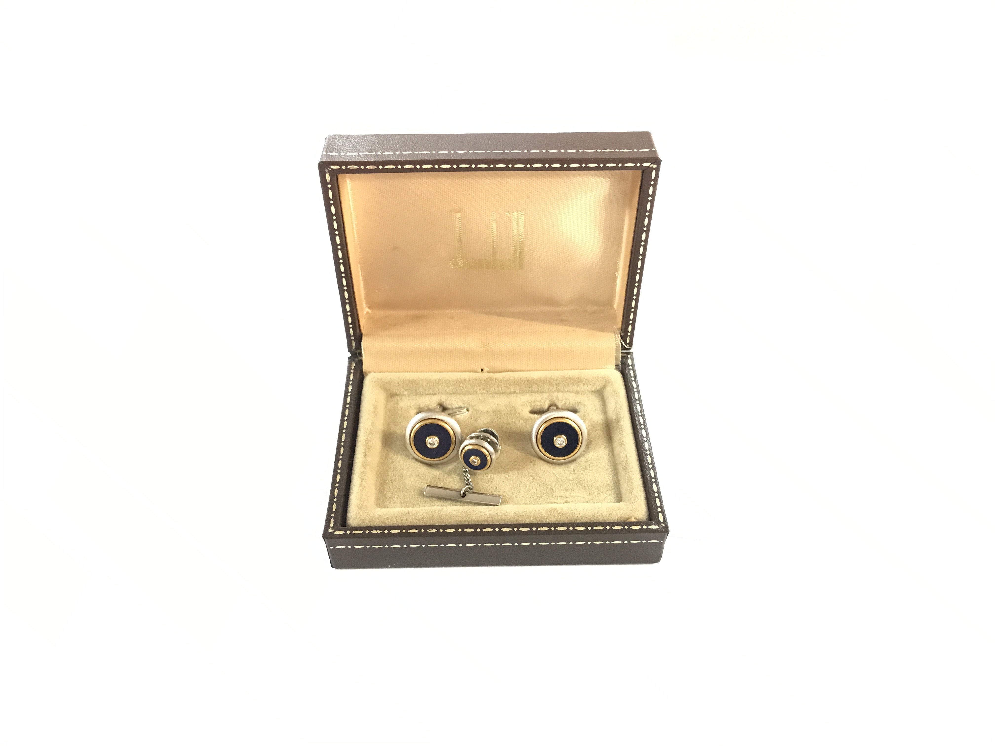Boxed pair of Dunhill cufflinks, which feature gemstones, along with a Dunhill tie tack.