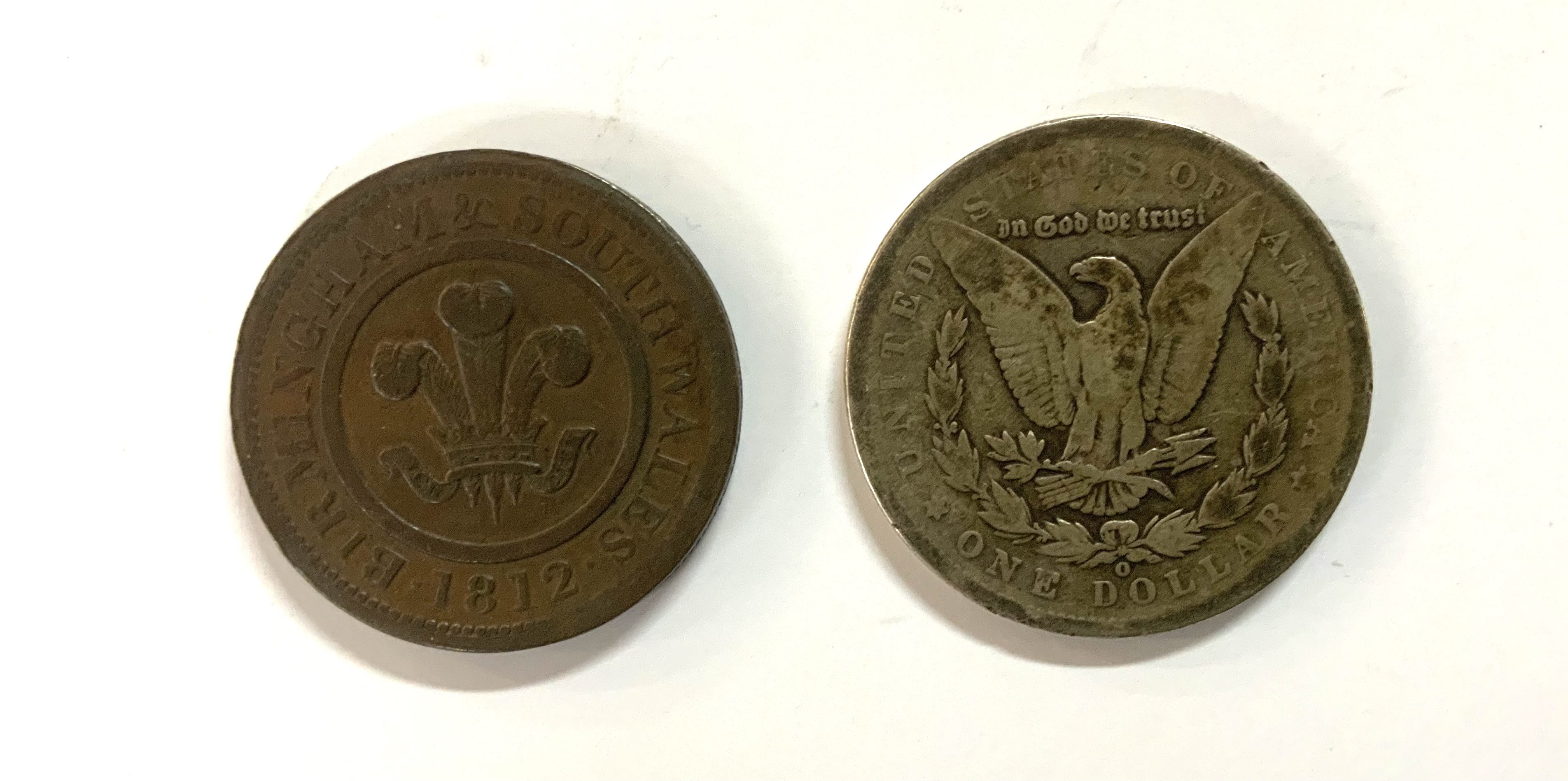 1890 New Orleans Liberty Head Dollar, 1812 Merchant Token Birmingham & South Wales Penny.