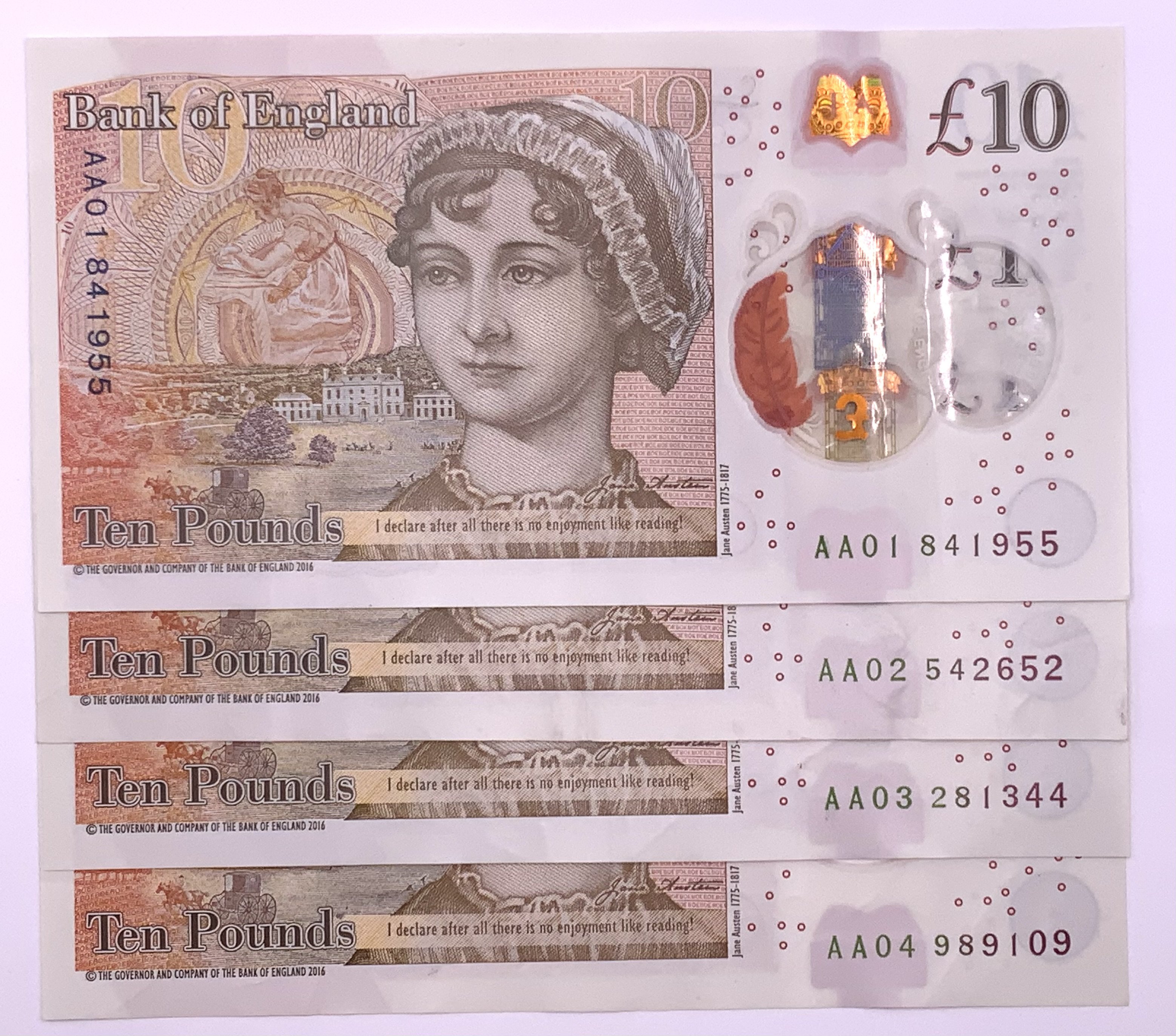 4 Current issue &#201326627510 Banknotes, fine condition. Serial numbers AA01841955, AA02542652, AA03281344, AA04989109. (A)