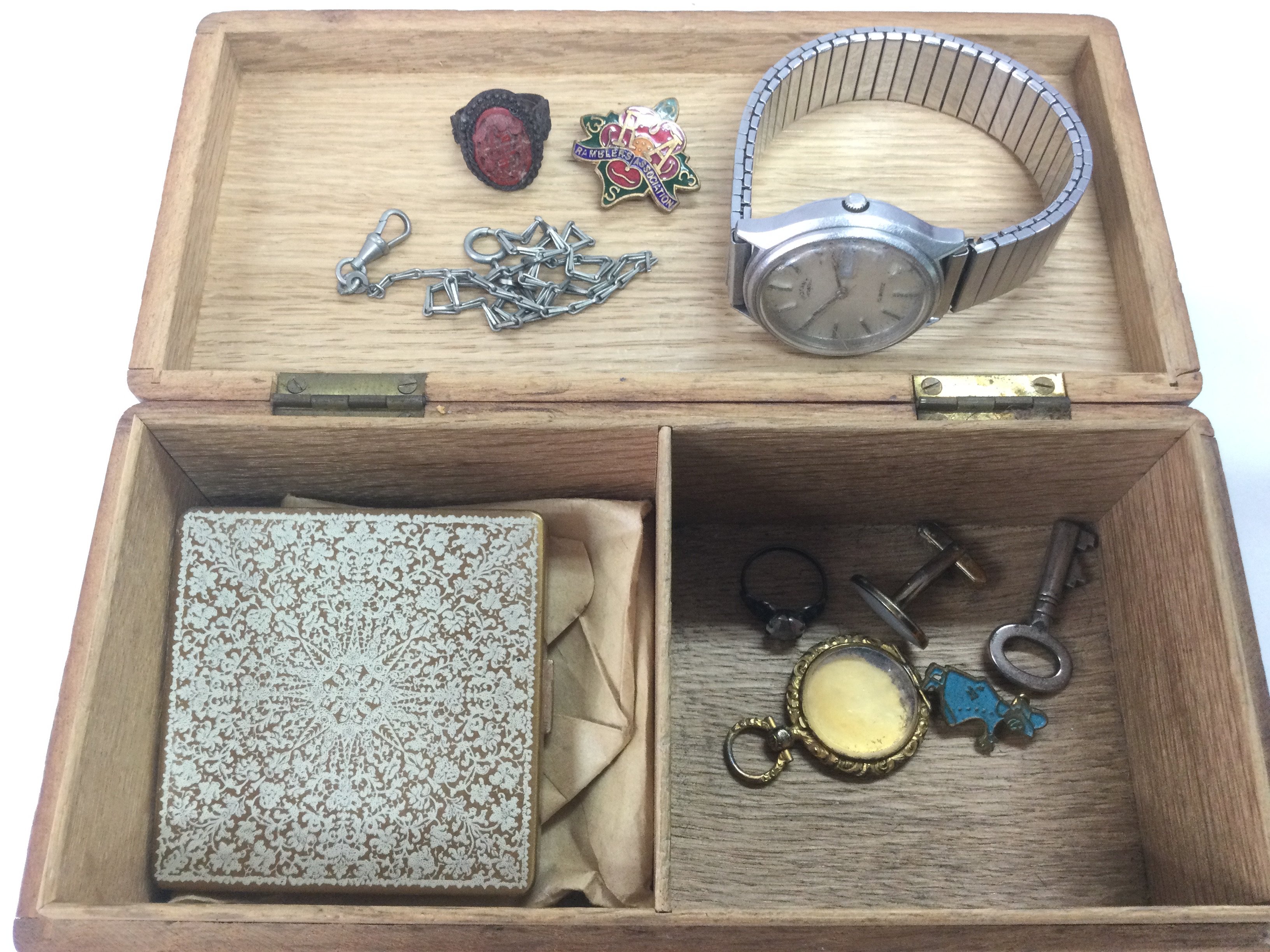 A small collection of items comprising a Rotary watch, brooch, rings etc. Shipping category B.