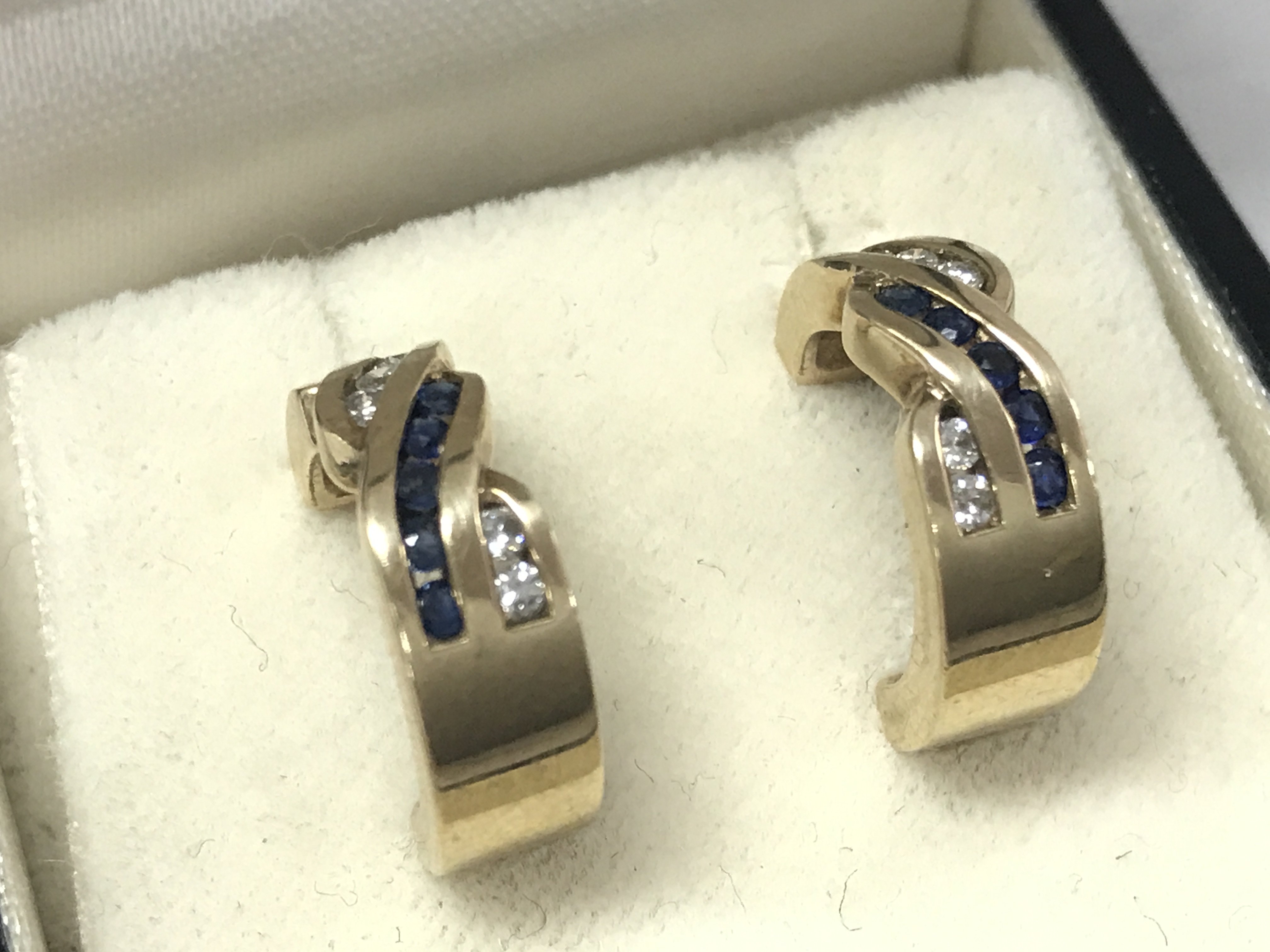 9ct gold diamond and sapphire hoop earrings . 4.2g total weight. Postage category A