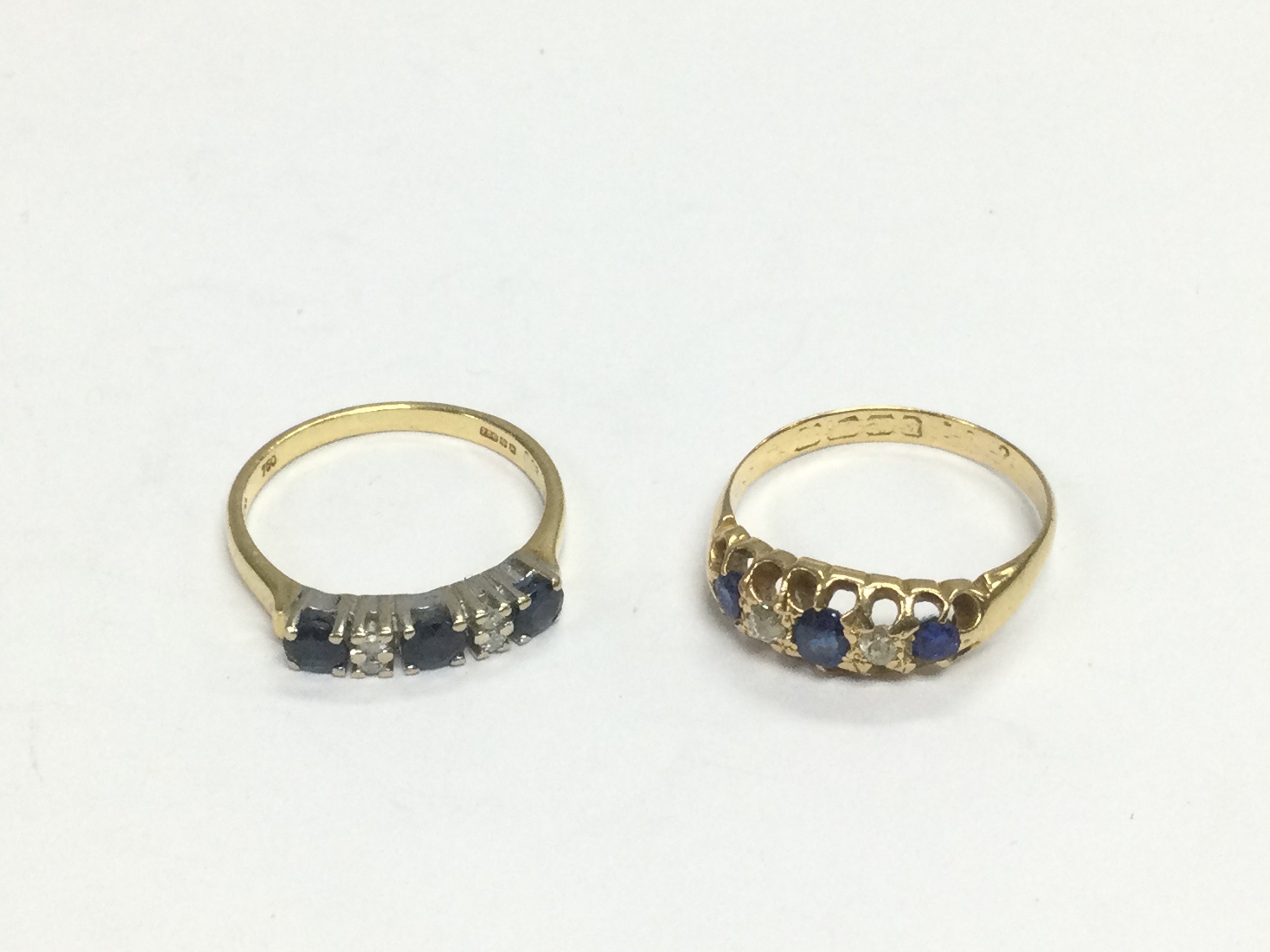 Two 18ct gold sapphire and diamond rings, approx sizes M-N and O. Total approx 6.3g. Shipping category A.