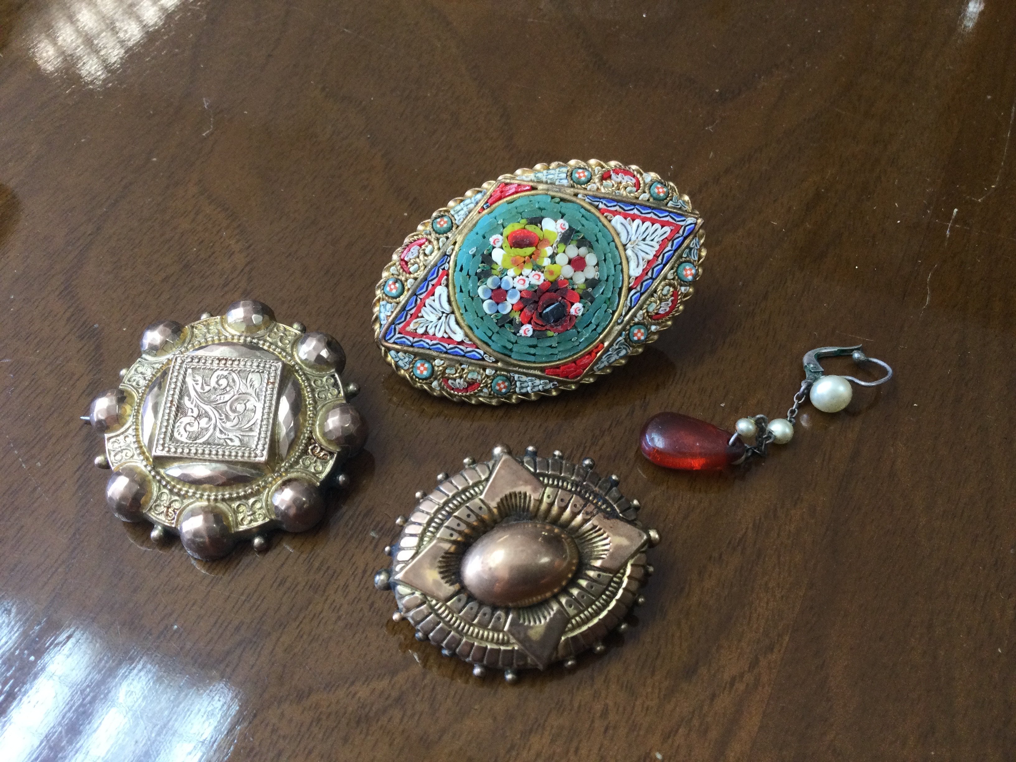 Two Edwardian Gold tone brooches, together with a micro-mosaic brooch