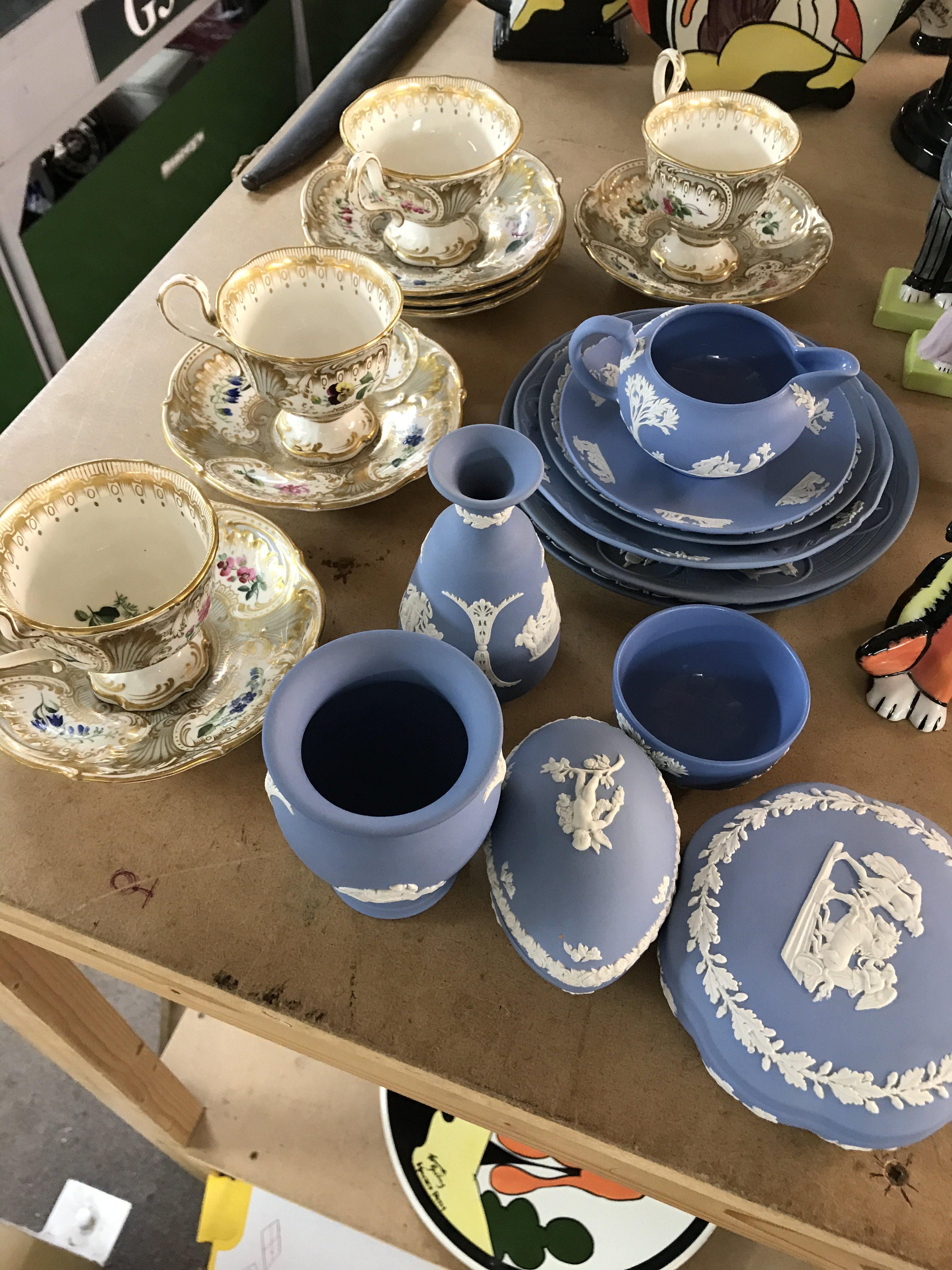 A small collection of Wedgwood jasper ware and a art Victorian tea set l