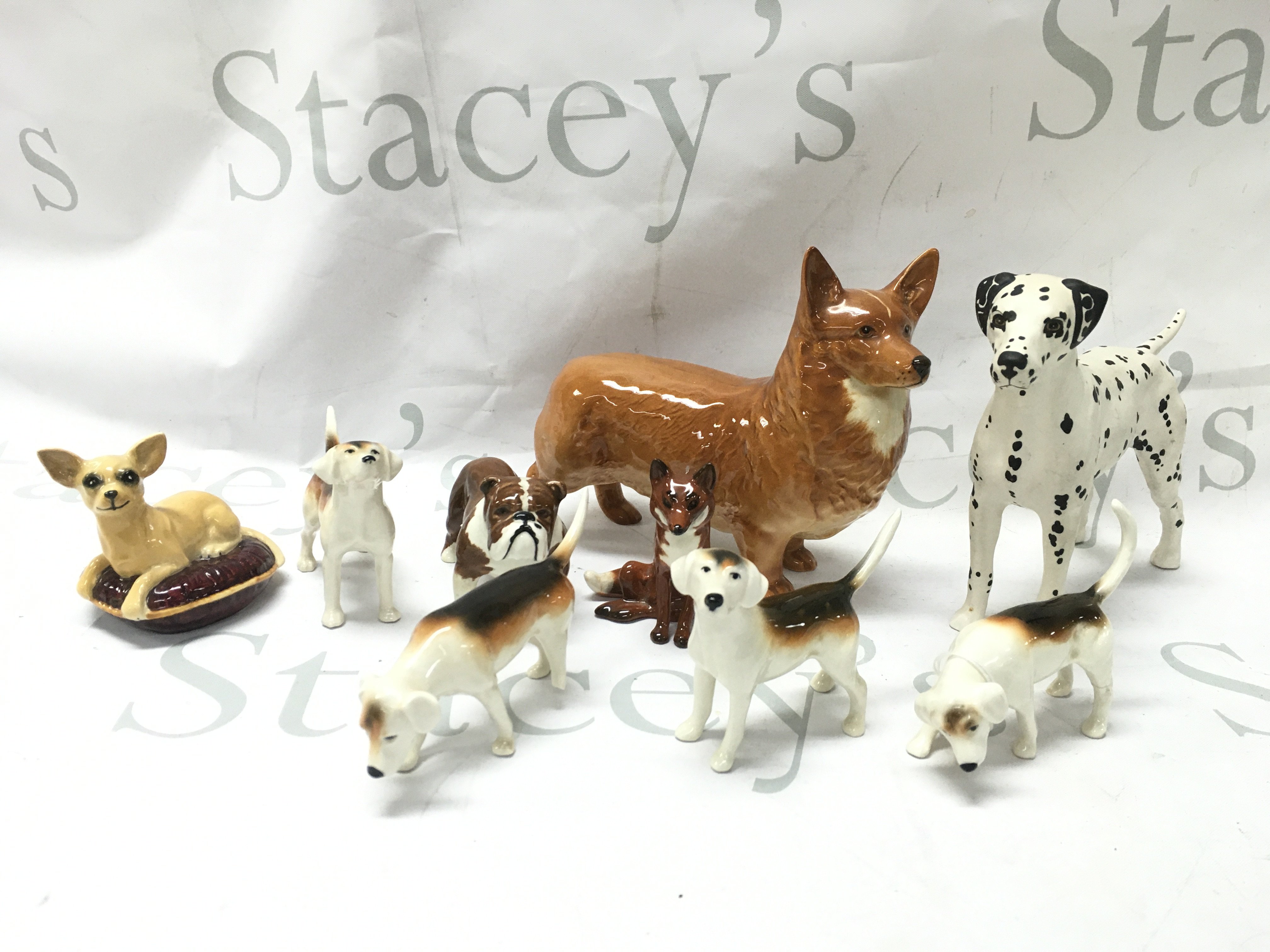 A collection of porcelain beswick figures including a Corgi, Bulldog, Chihuahua, fox, foxhounds and an Arnoldene Dalmatian dog figure . This lot cannot be posted