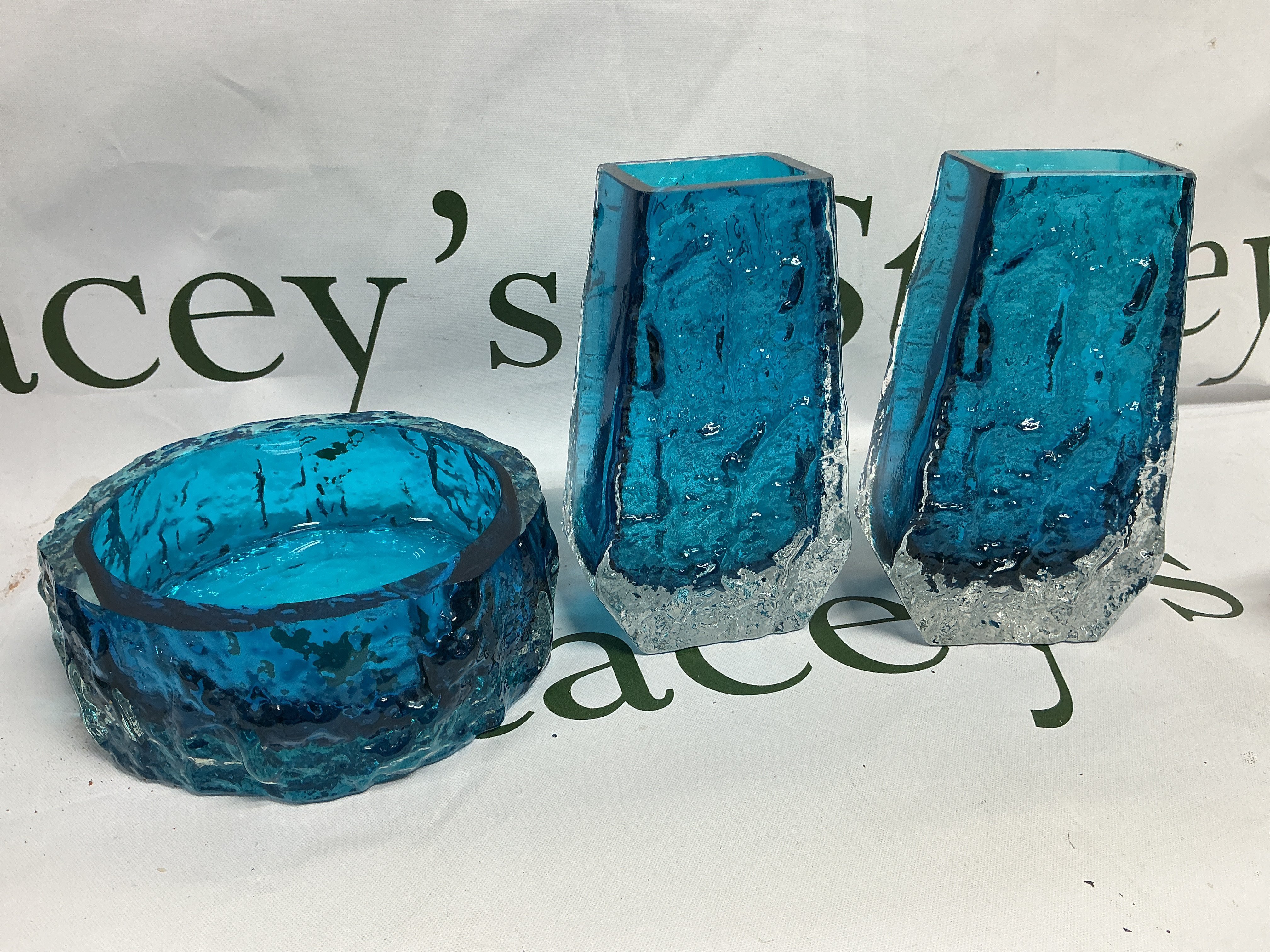 two white friars glass vases and one white friars glass dish.