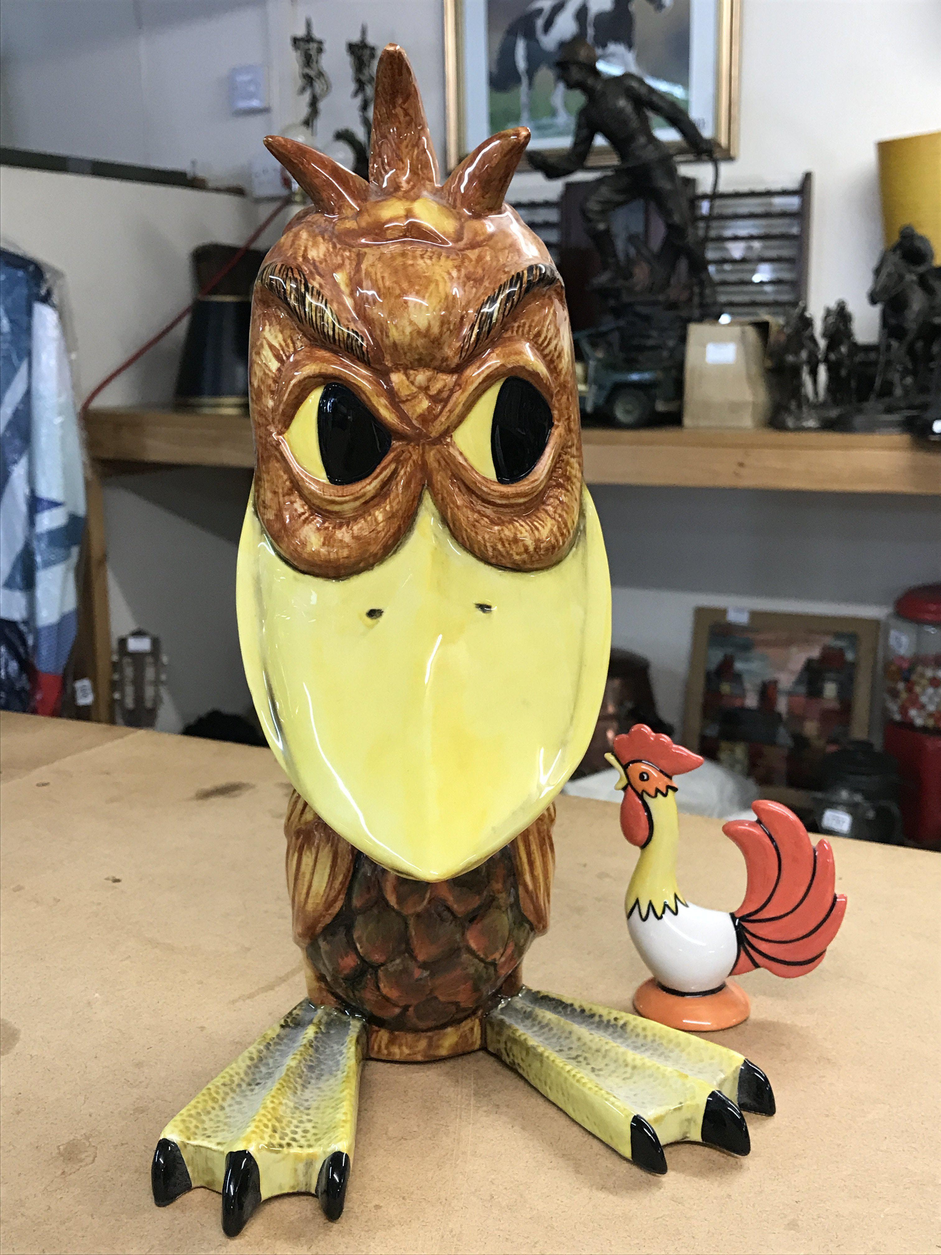 A Lorna Bailey large Duck figurine. 32cm in height. Limited edition 49/50, signed on the base. Together with a small Rooster figurine. No obvious damage or restoration