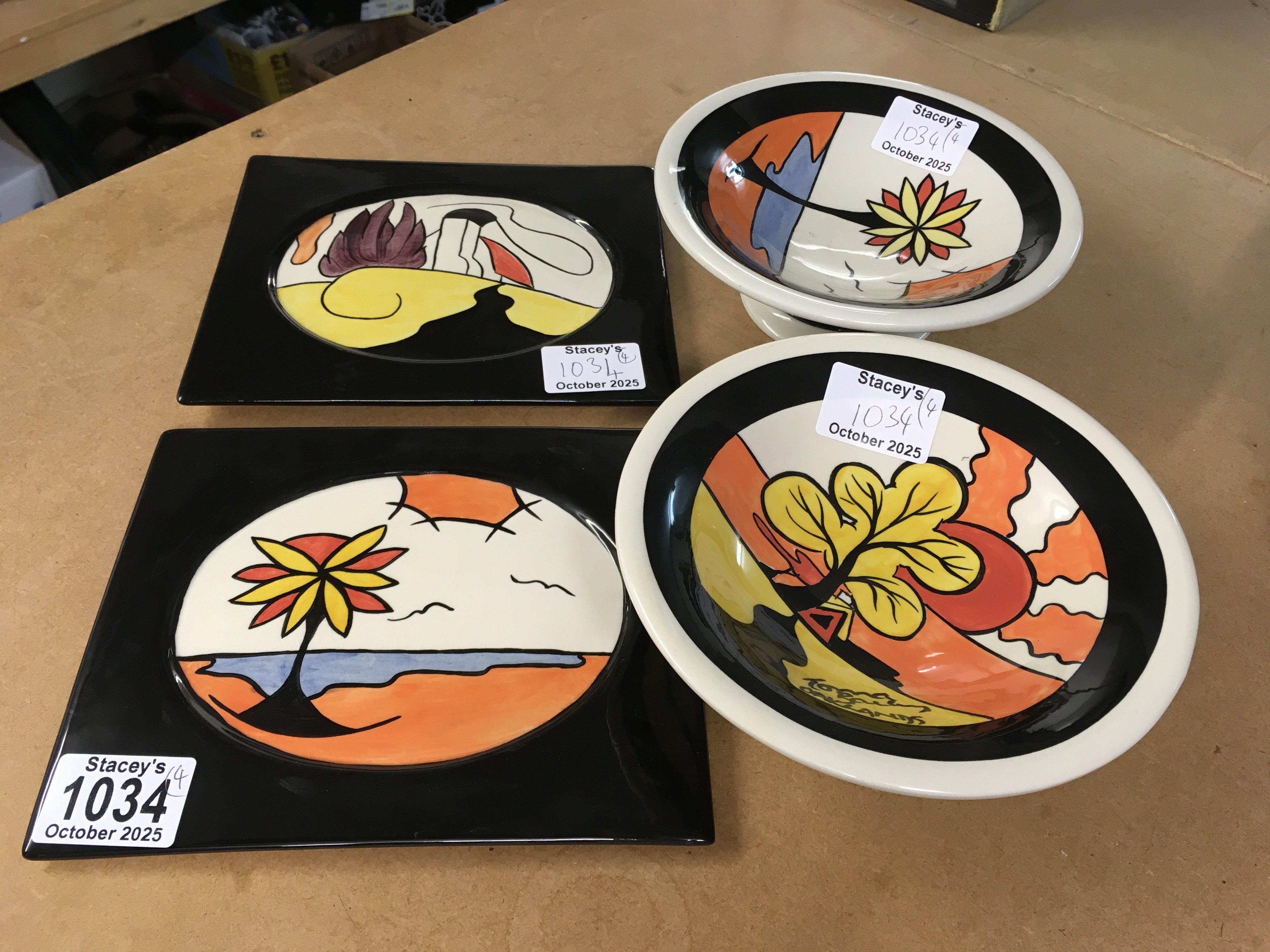 Four Lorna Bailey pottery pieces including dishes on raised feet and two plaques decorated in the Beech and House and Path patterns