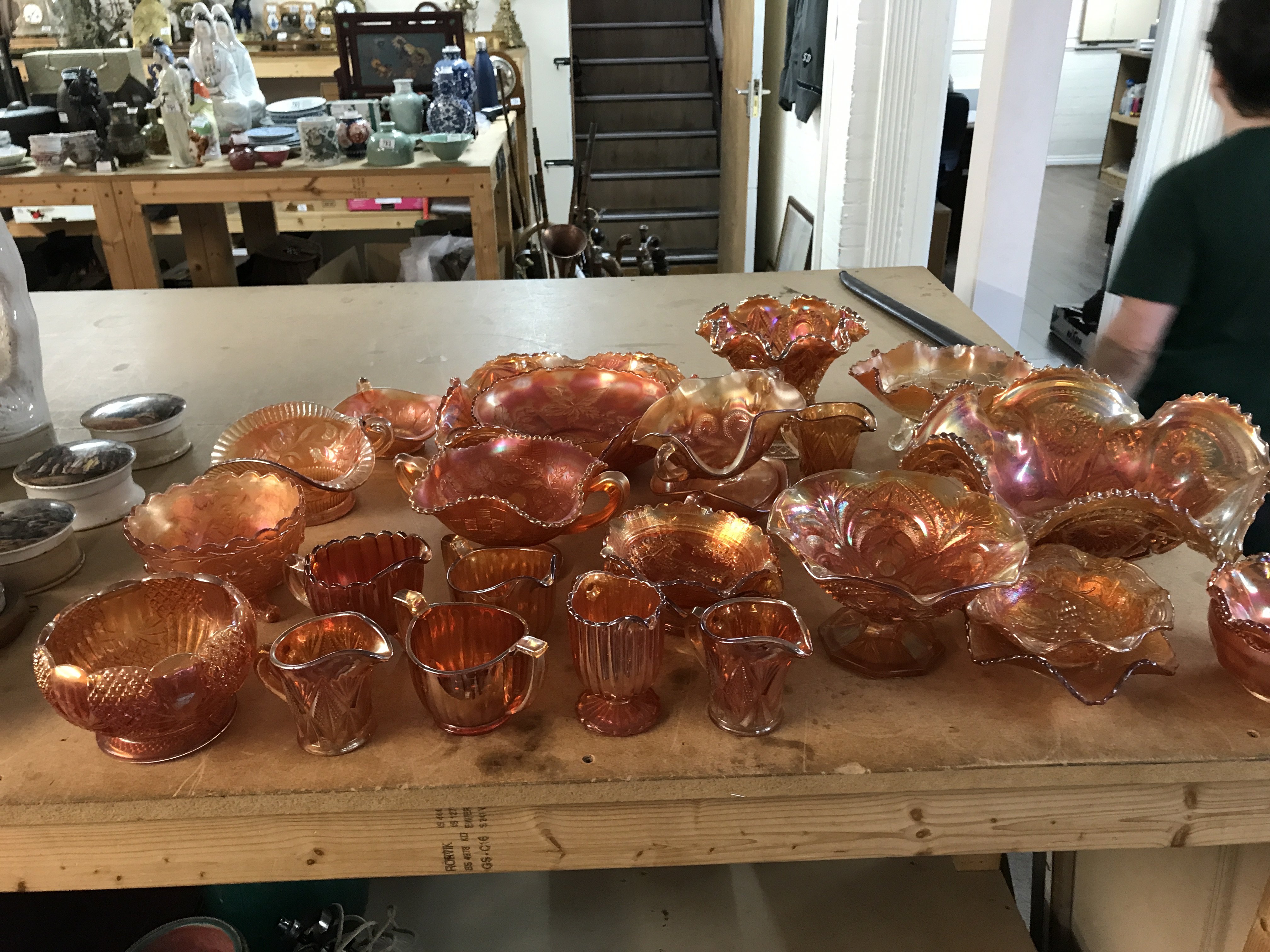 Four boxes of carnival glass including dishes, jugs , vases etc. this lot cannot be posted
