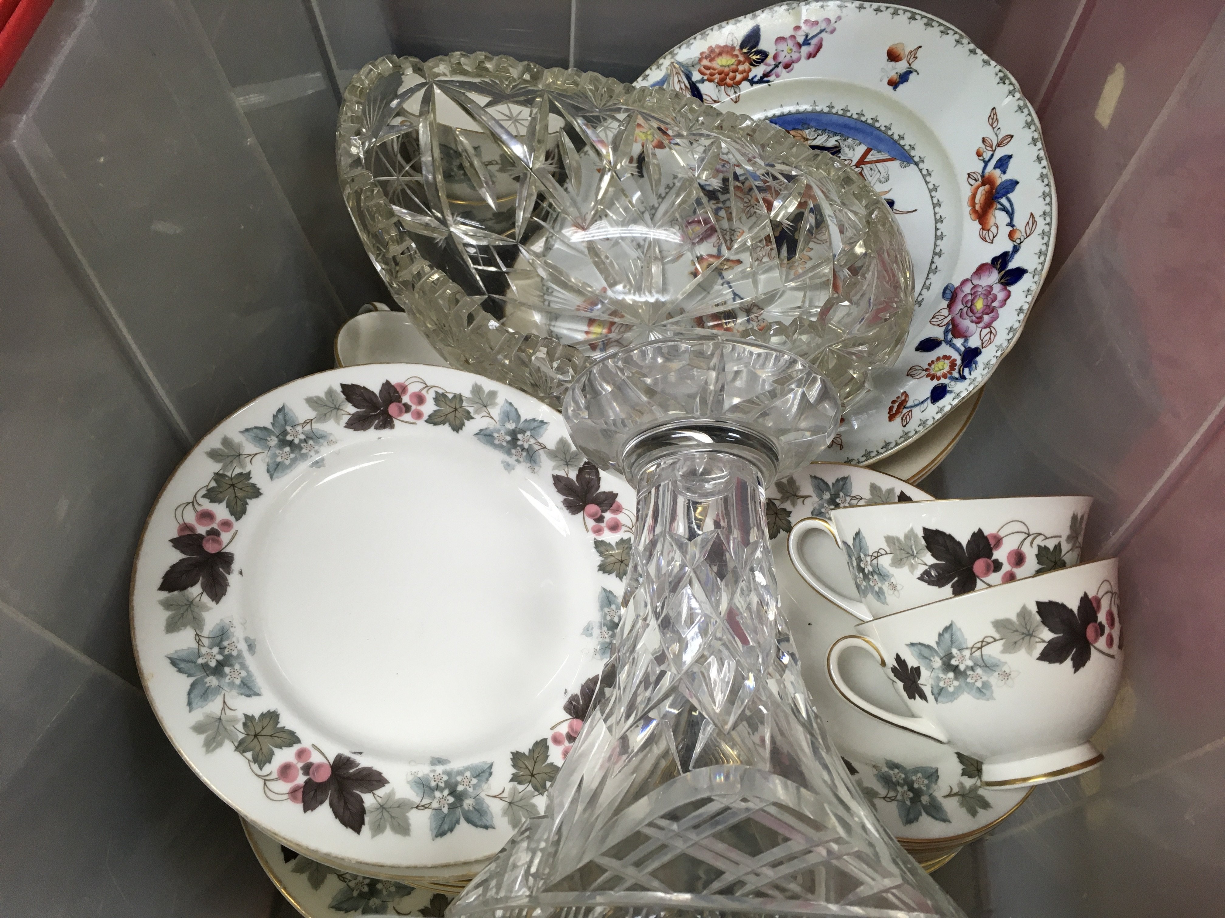 Two boxes containing China and glassware various including Royal Doulton Royal Gold part service