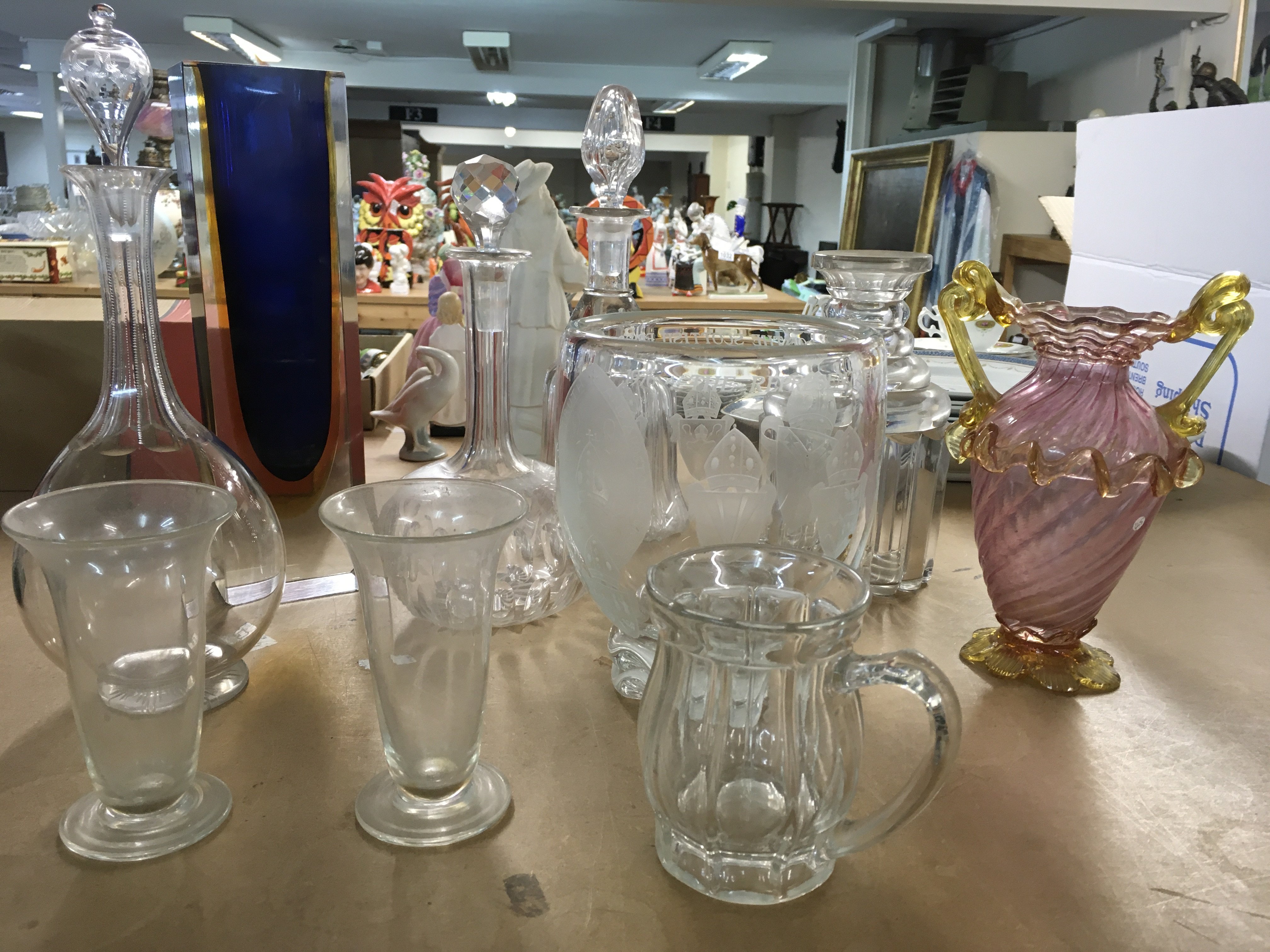 A Collection of Victorian and later glassware including vases and decanters