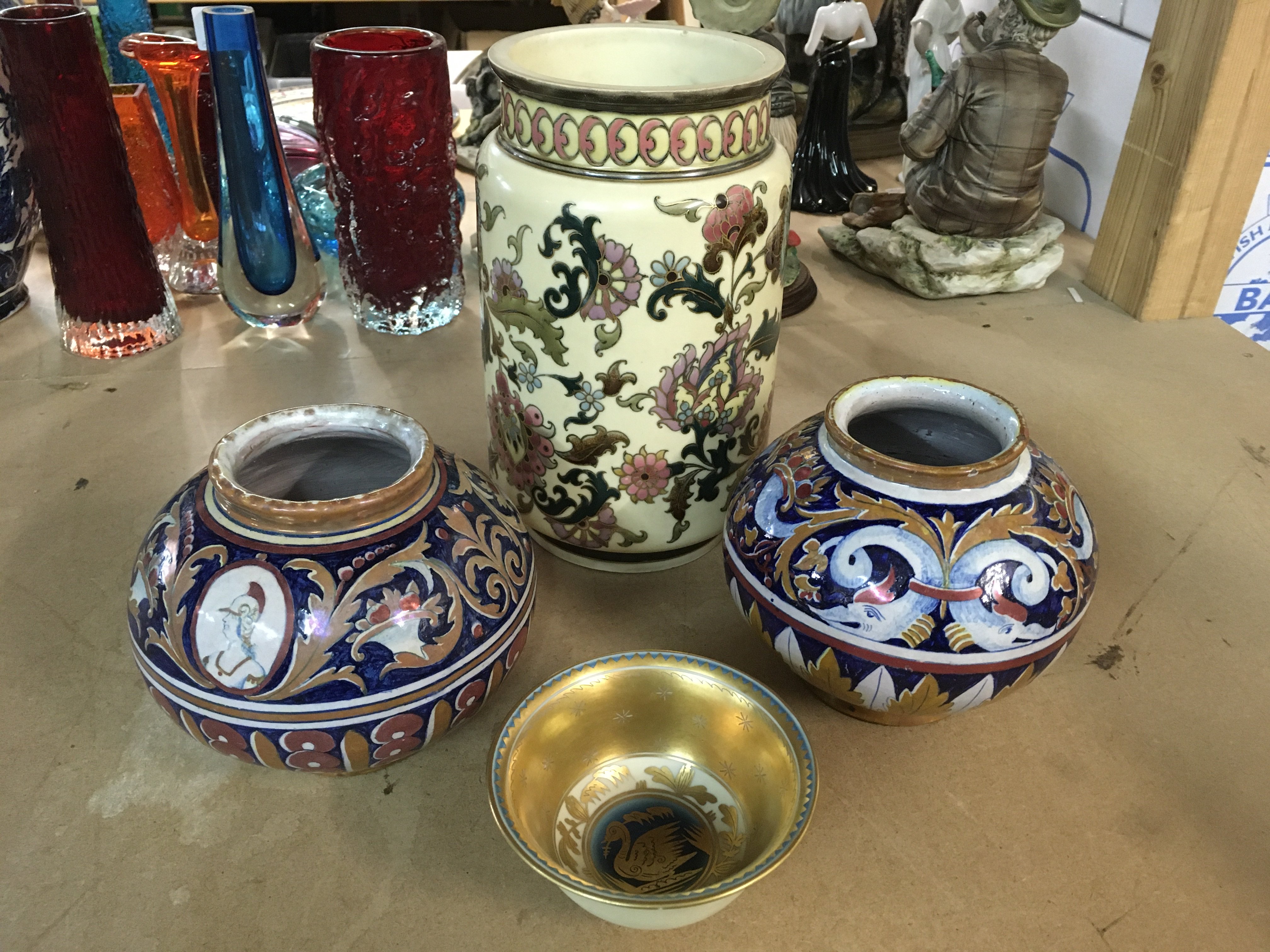 Two Italian lustre majolica vases of classical design, together with a Hungarian style vase and a Copenhagen dish