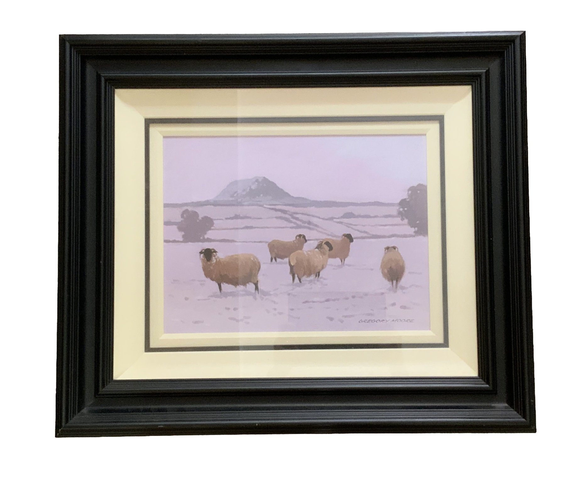 Gretort Moore, A 20th Century acrylic painting on canvas of Sheep. 68cm x 58cm.