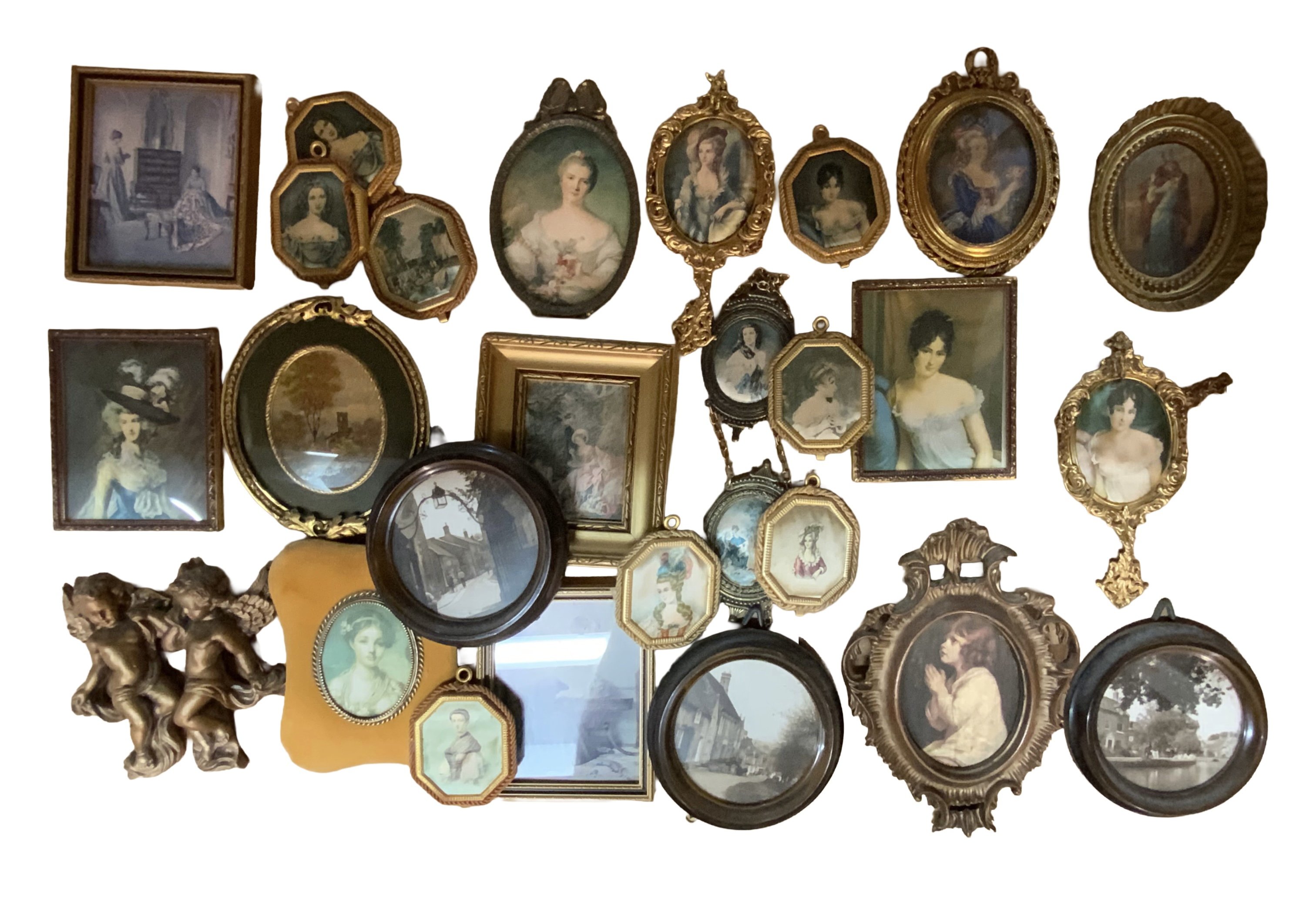 A collection of gilt framed miniature pictures.