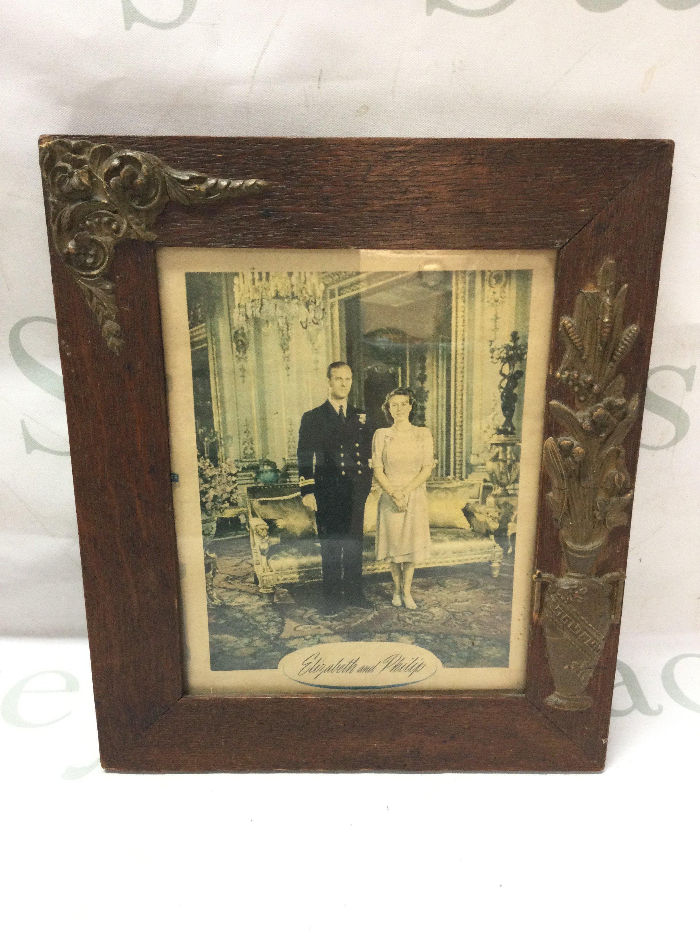 A vintage original oak framed early photo of Elizabeth and Phillip frame size 22x26