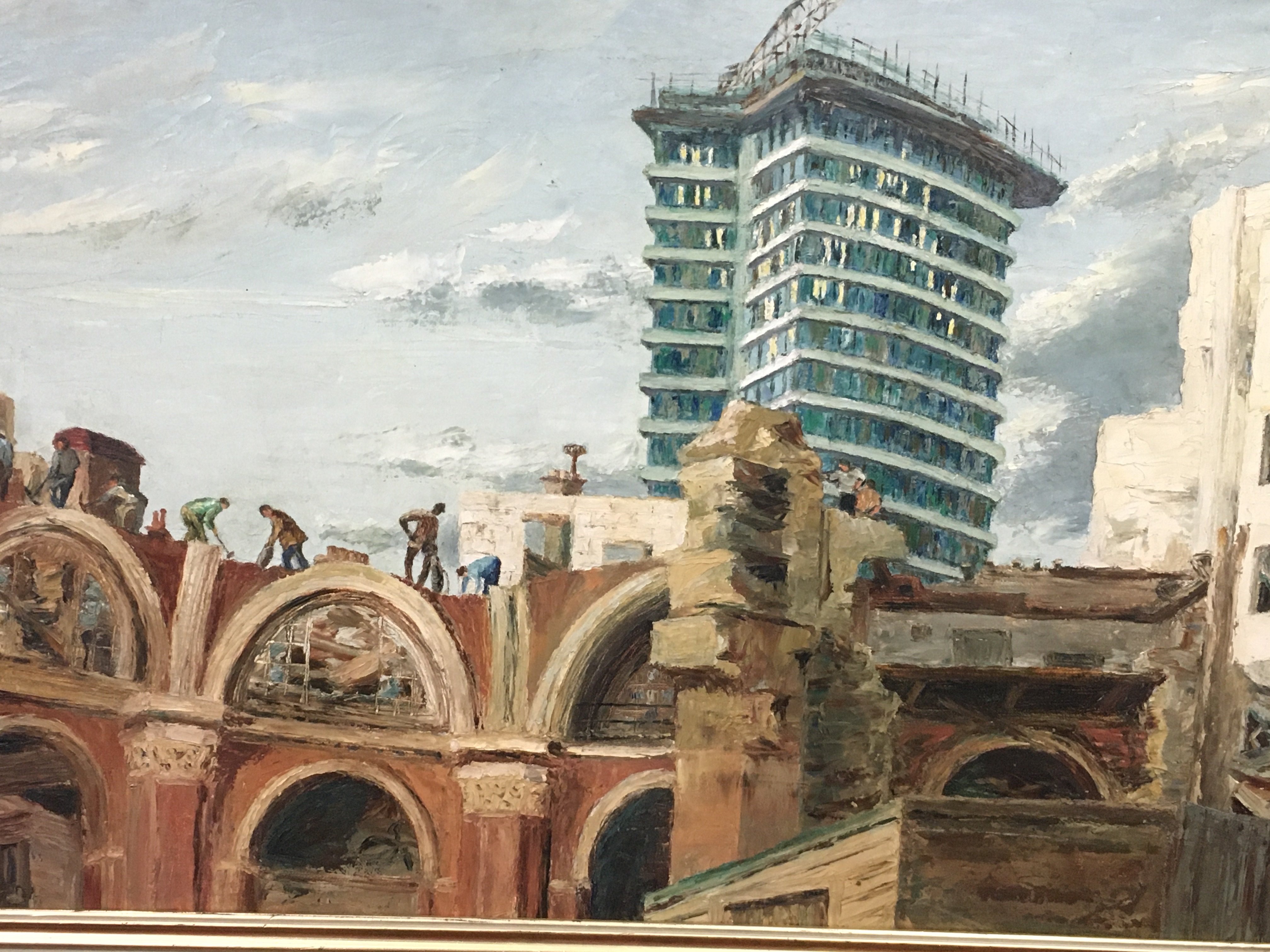 A Jean Kevan (1916-2006) framed oil on canvas painting of the Stock Exchange London Demolition 1966, As the old Stock Exchange is demolished, Richard Seifert's innovative Drapers Gardens building nears completion. This was, apparently, Seifert's own favourite work. Frame dimensions 106x60cm