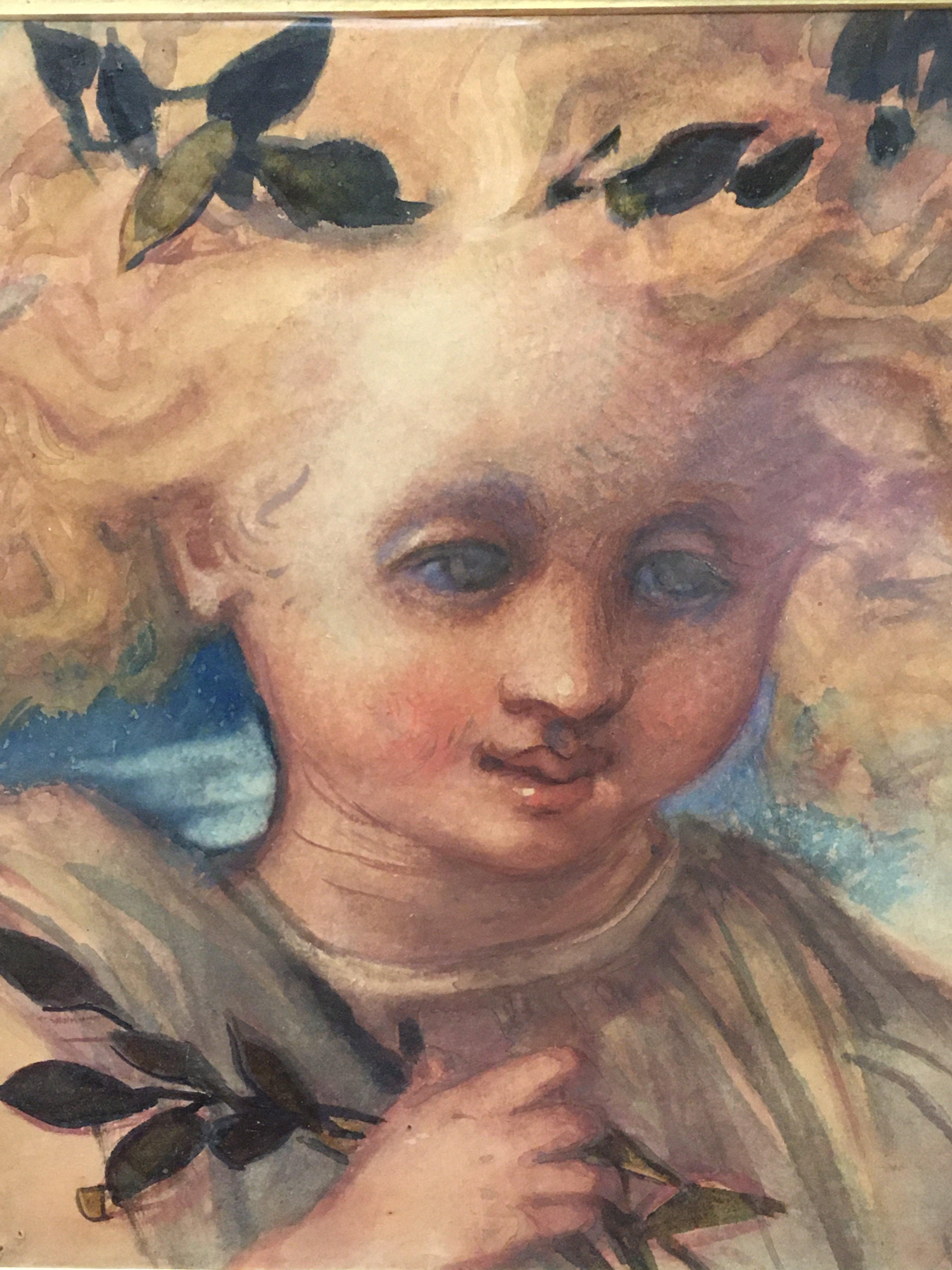 Louisa Beresford (1818-1891) Marchioness of Waterford) watercolour on paper, labels to reverse- Childs head with green leaves. Picture size 35x30cm . Frame size 42x48cm