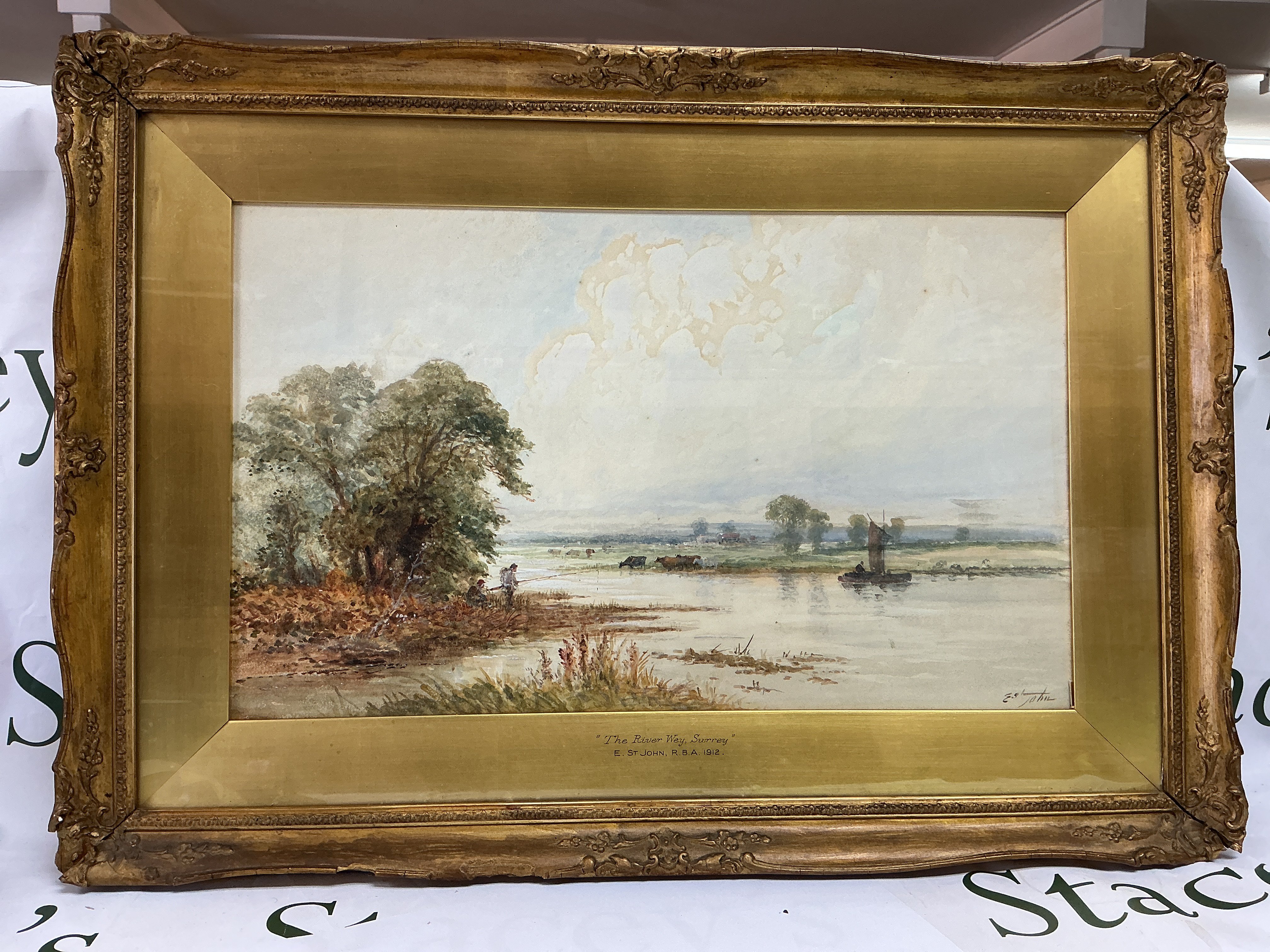 &#2013266057&#2013265947&#2013265935The River wey, Surrey&#2013266057۝ by E.St John, R.B.A . 1912. In a glaze guilt frame. Approx size 46x65cm.