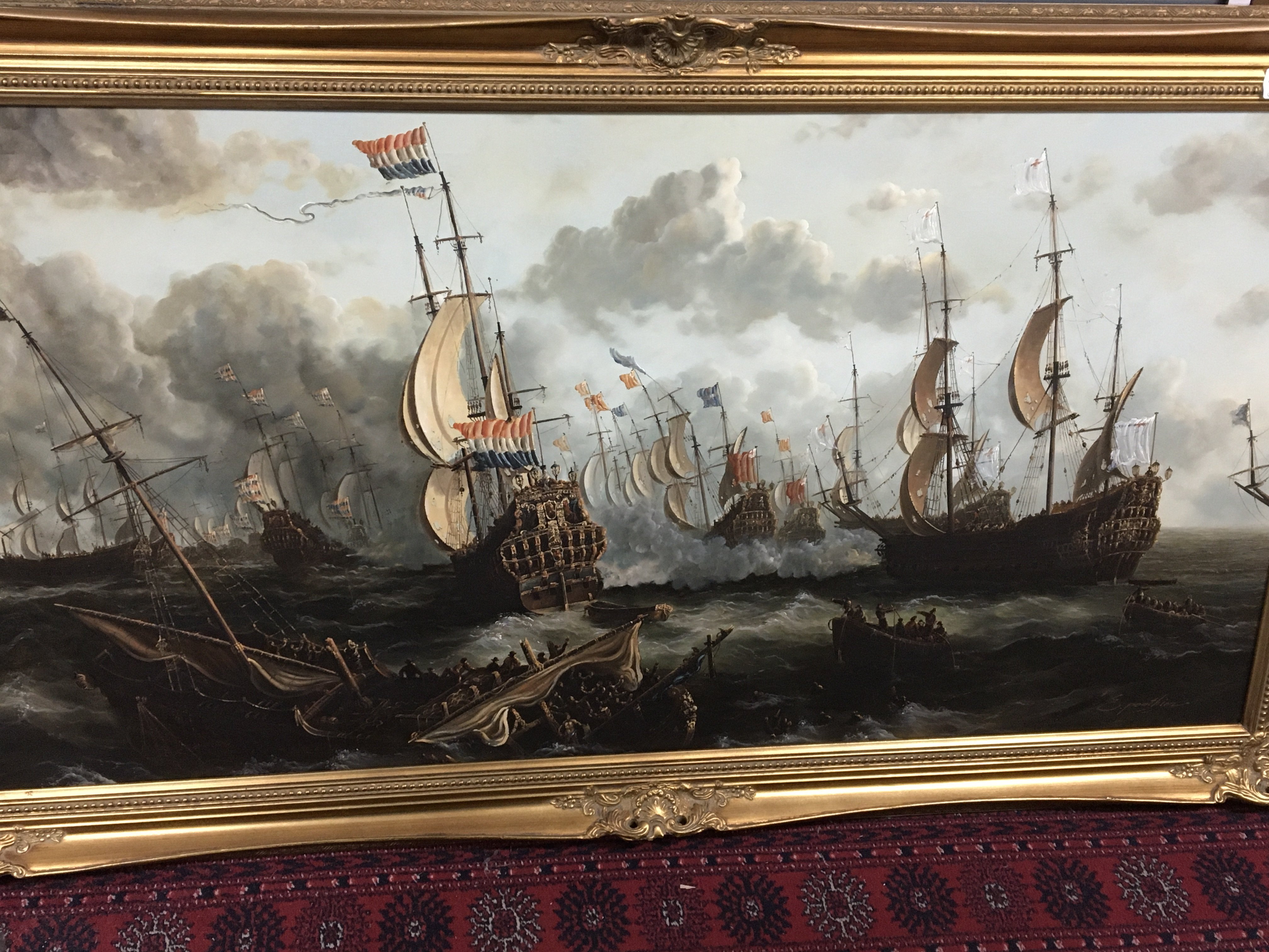 A large oil painting on canvas study of an 18th Century Marine ship battle scene many battle ships flying Dutch flags signed lower right E Ponthziez (?) 127x66cm