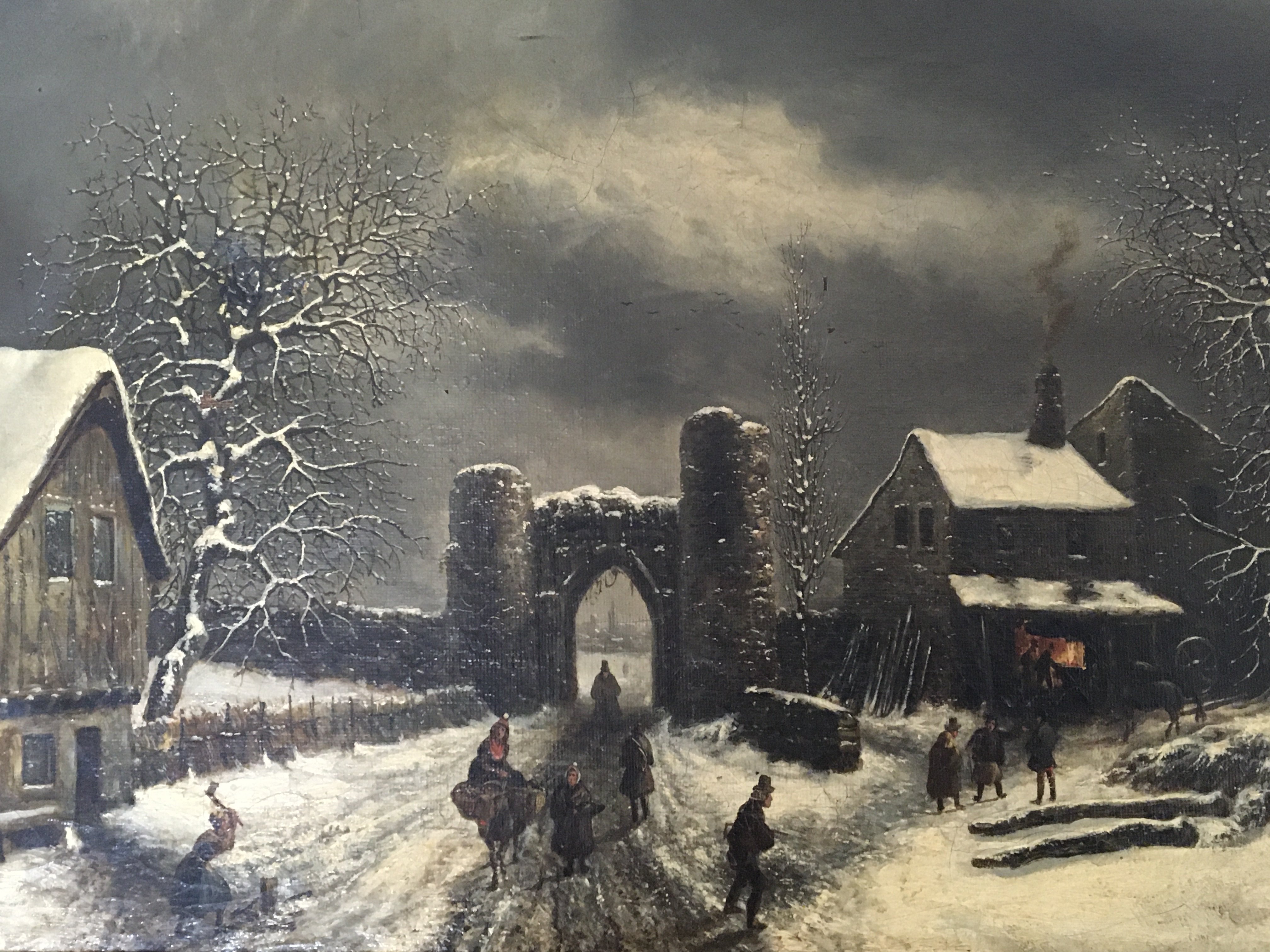 A framed 19th century oil painting Continental winter scene with figures and buildings within a stone wall with an open arch signed indistinctly and dated 1837. 64x49cm