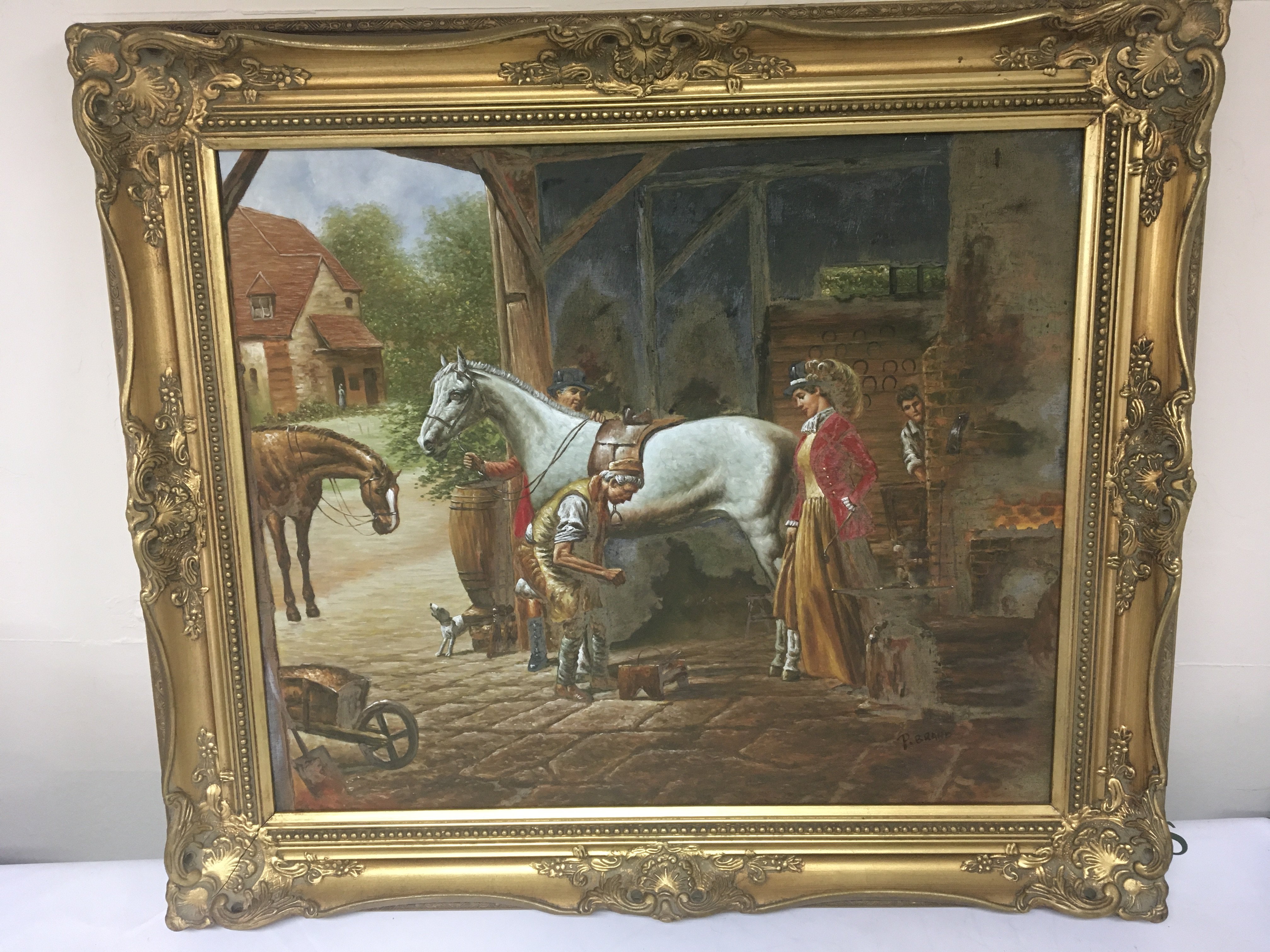 A framed oil painting on canvas depicting a farrier at work indistinctly signed. NO RESERVE. 76x68cm