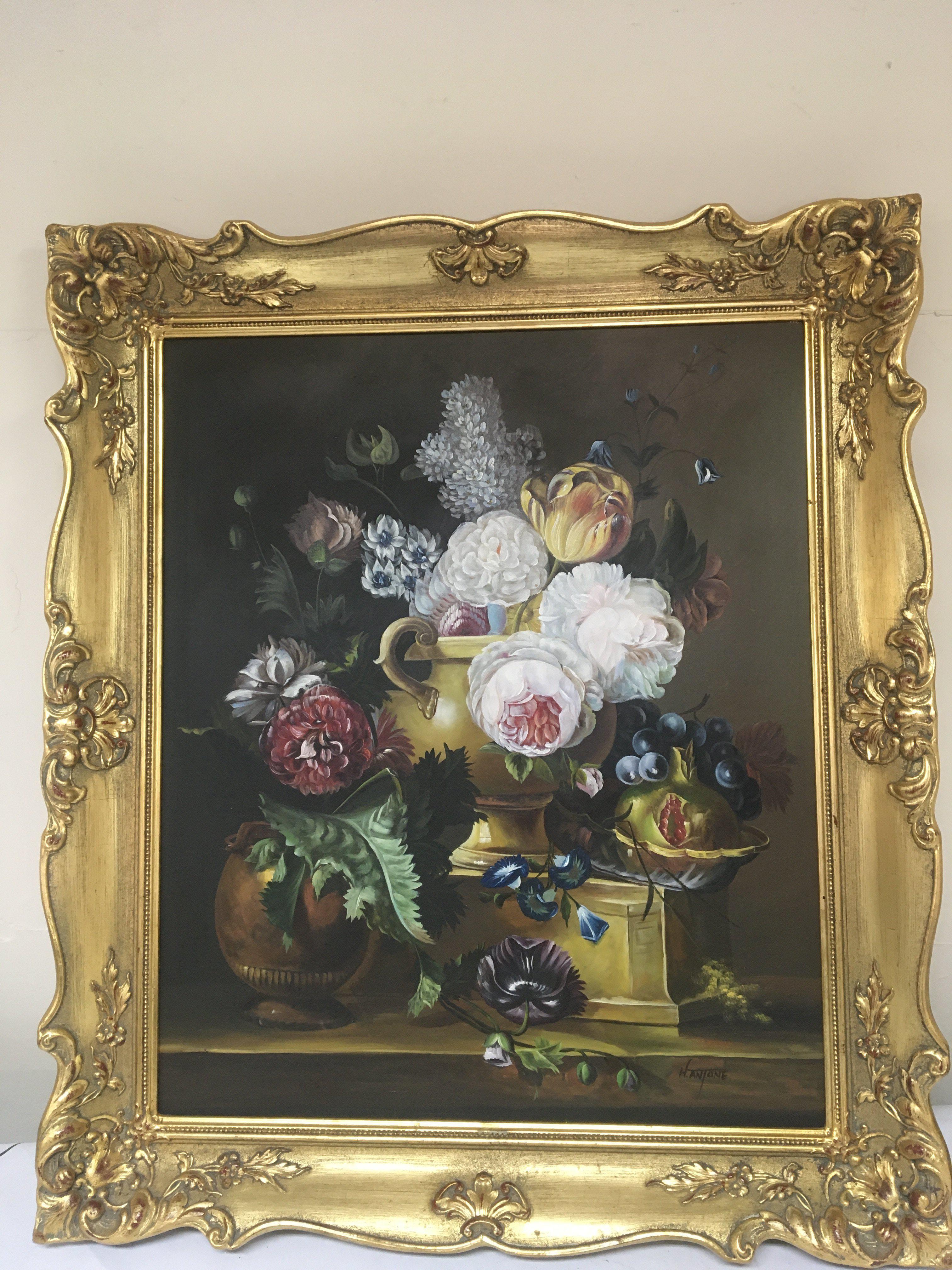 A framed oil painting still life study flowers in classical vases. Signed H.Antone. NO Reserve.