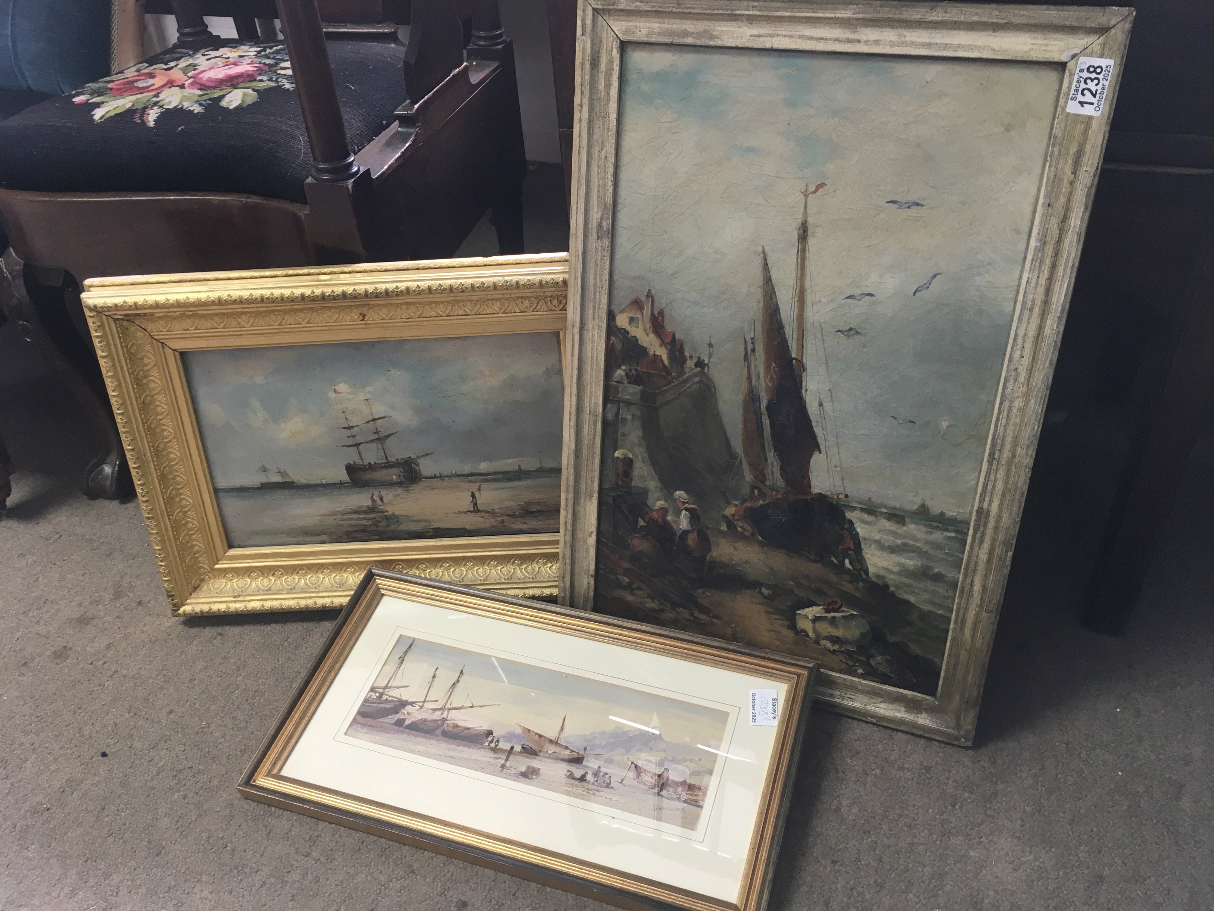 Three framed sea scapes, including a signed painting on canvas. Largest measuring 63cm x 42cm including frame