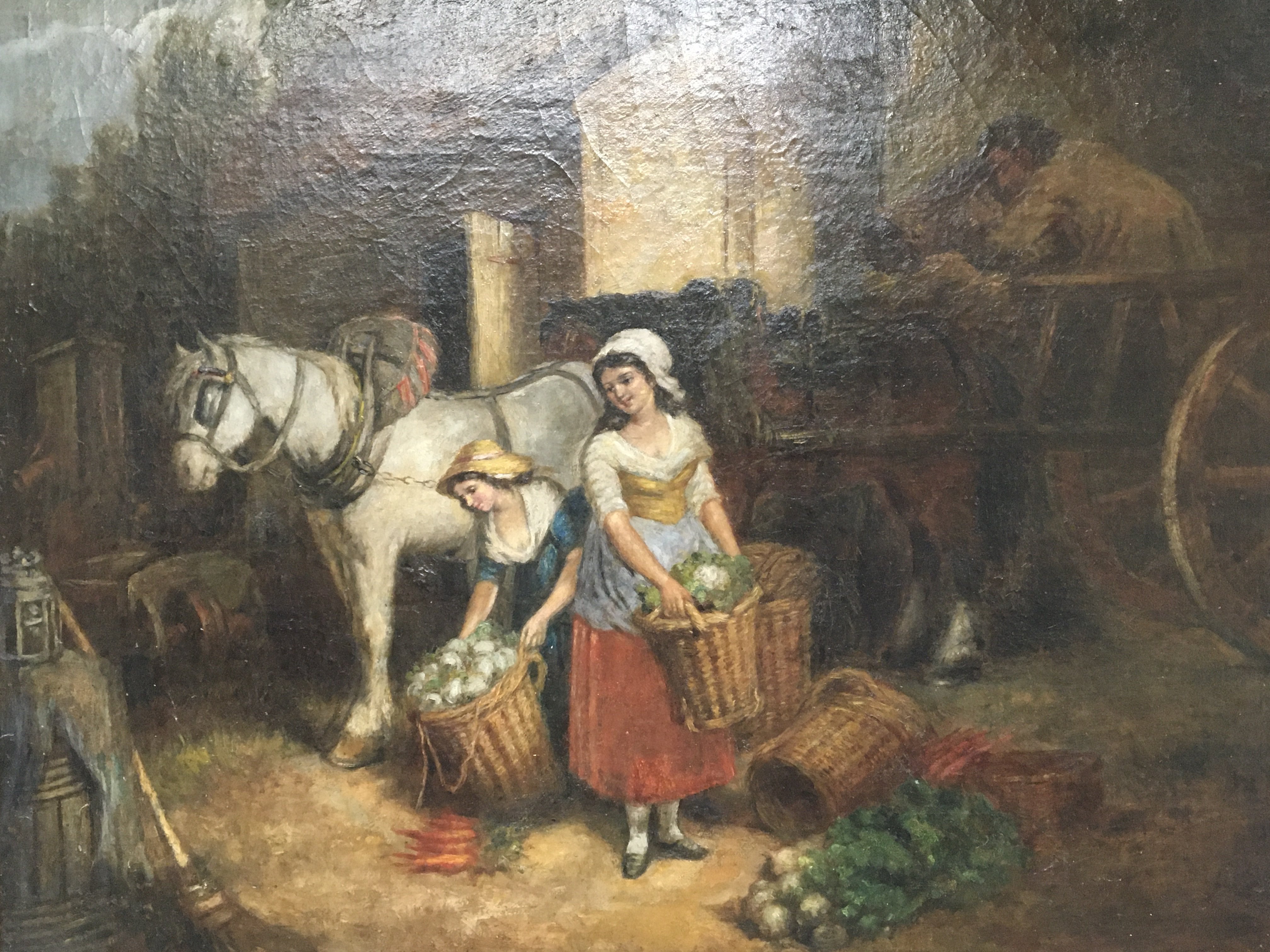 A pen oil painting on canvas depicting ladies with baskets of vegetables with a harnessed working horse The Painting Entitled Preparing for Market attributed to Francis Wheatley 1747-1801. 90x78cm