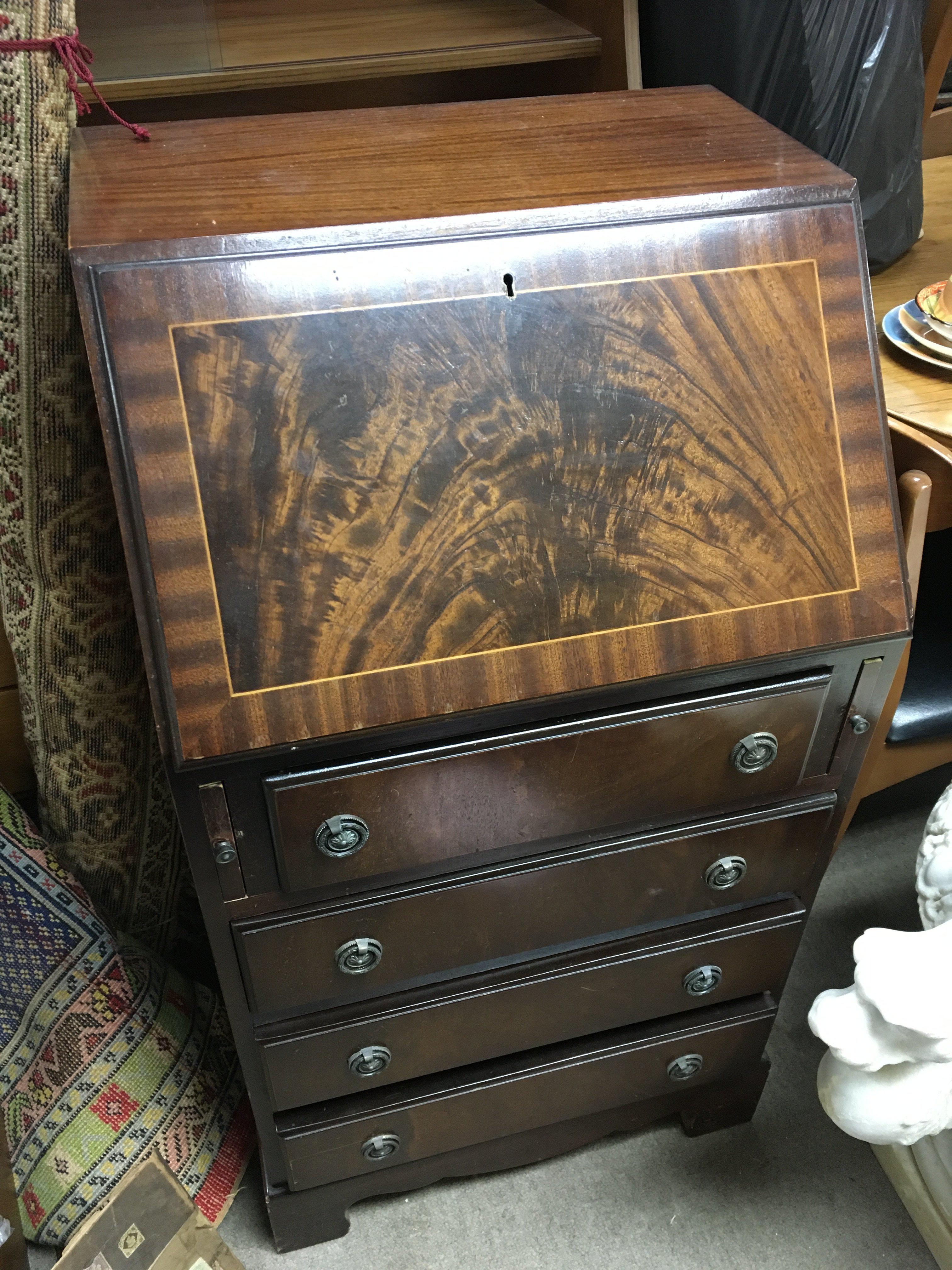 An oak mirror and small mahogany reproduction bureau 60x85cm- NO RESERVE