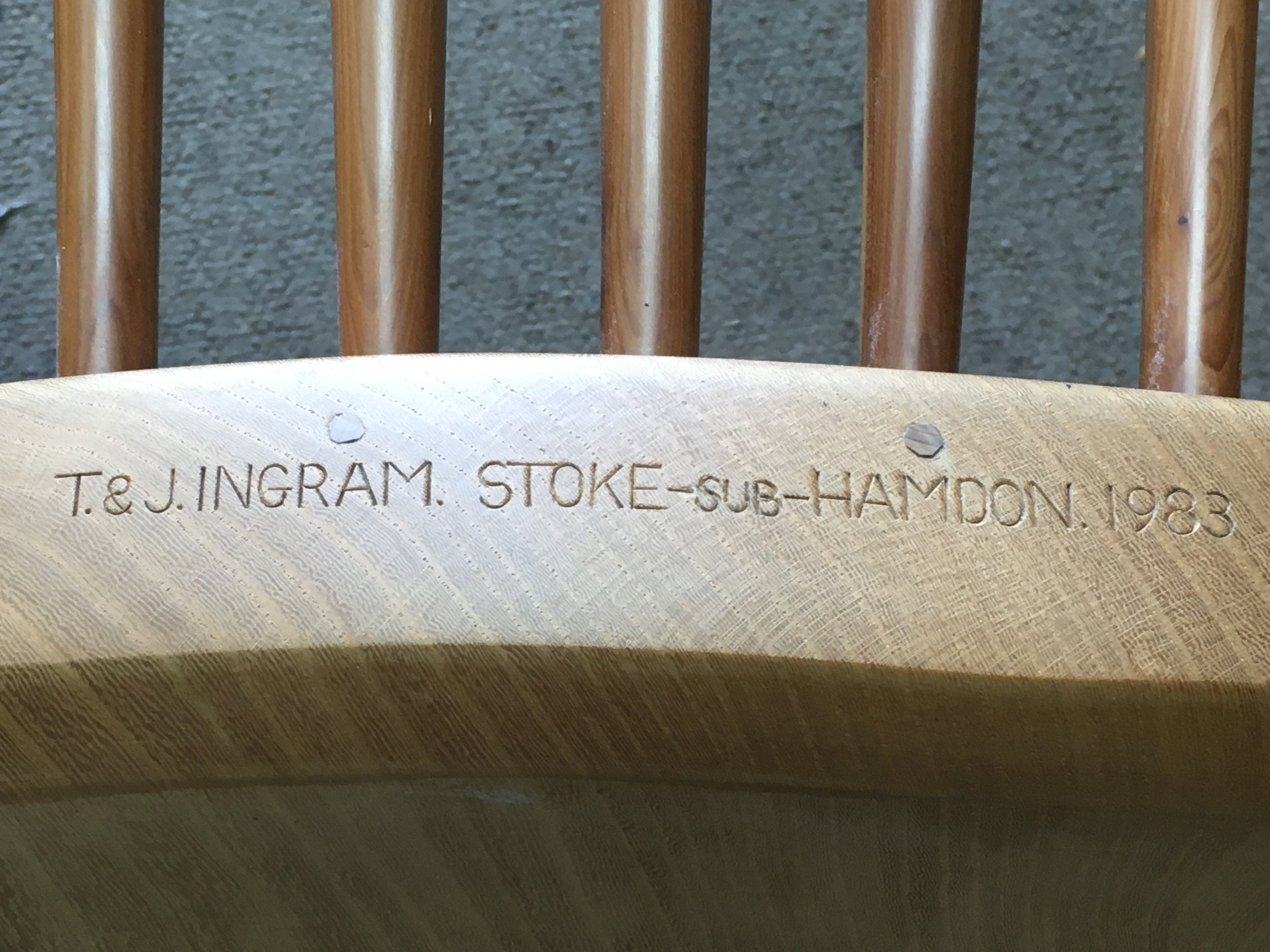 A yew wood traditional Windsor stick back chair, T&J Ingram Stoke sub hamdon 1983