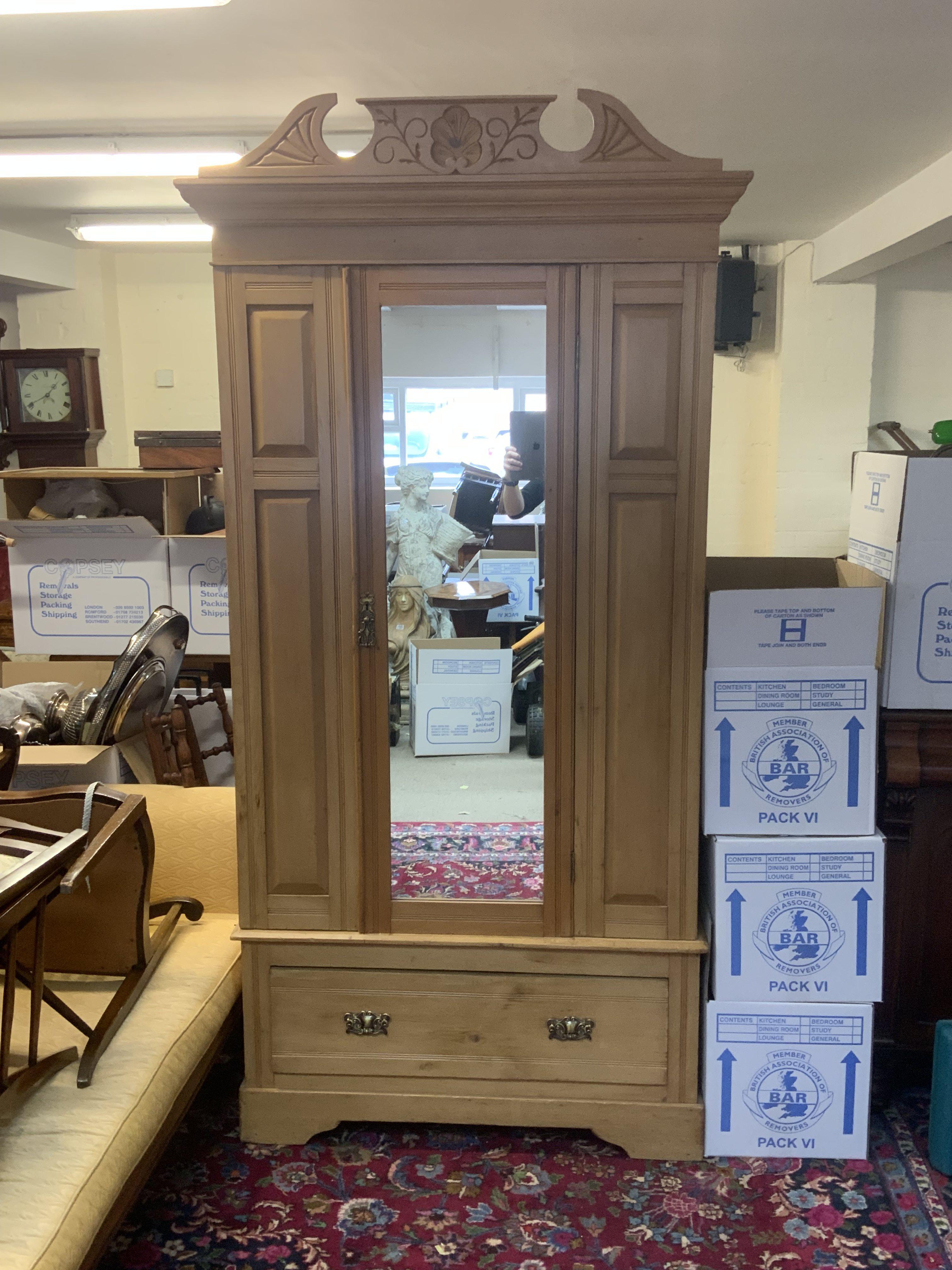 An Edwardian mirror fronted satinwood wardrobe with single draw to base. 212cm x 107cm x 49cm